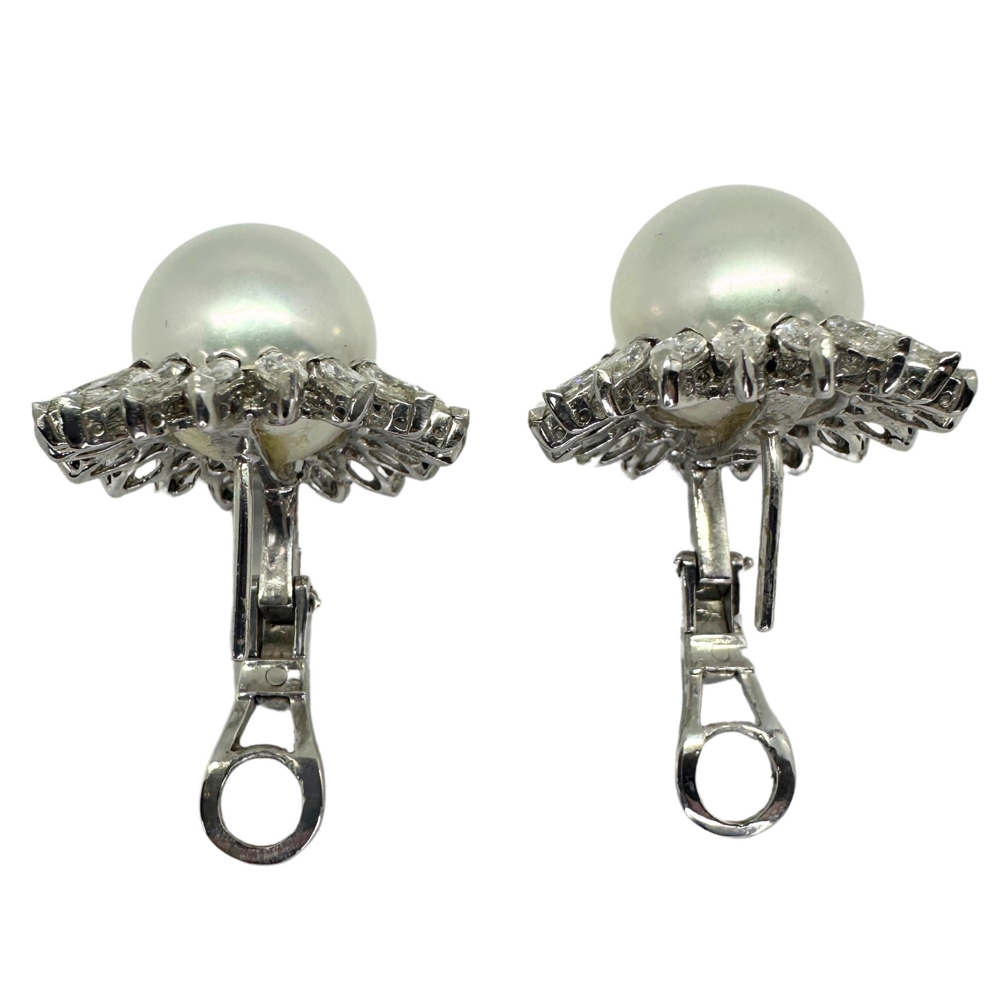 18K Marquise Cut Diamond and Pearl Earrings For Sale 4