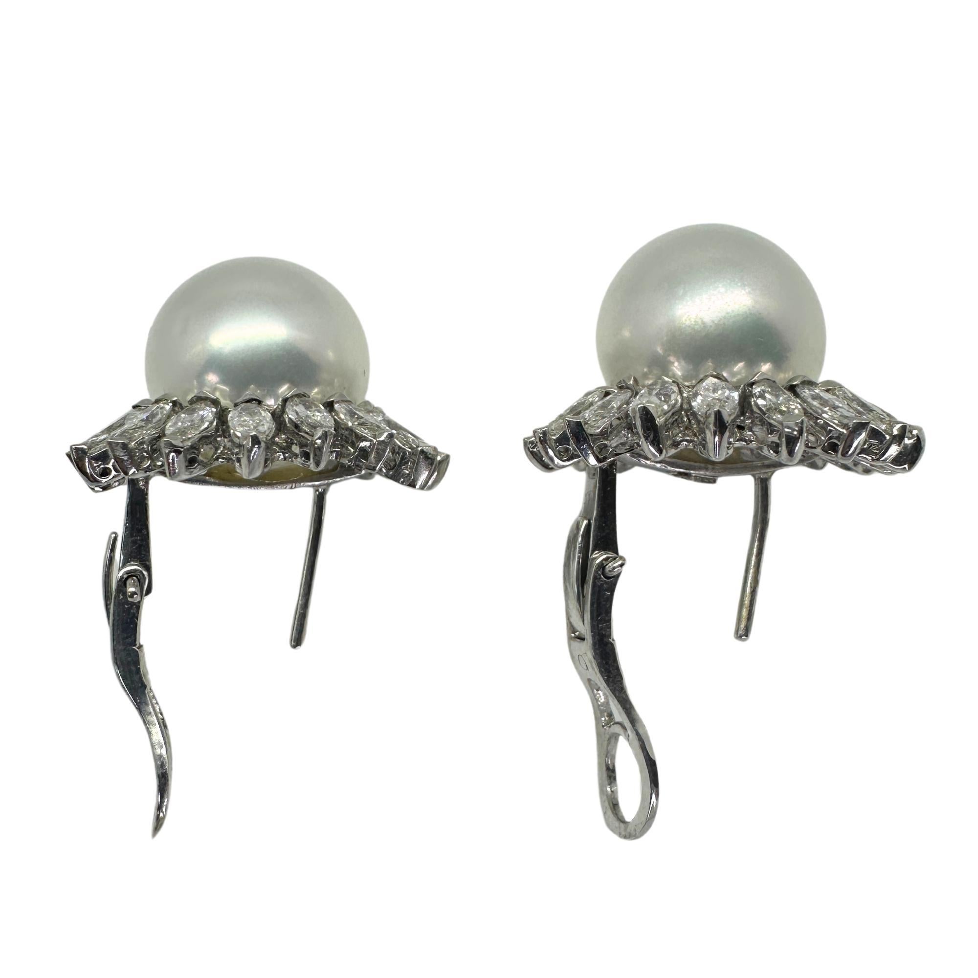 18K Marquise Cut Diamond and Pearl Earrings For Sale 5