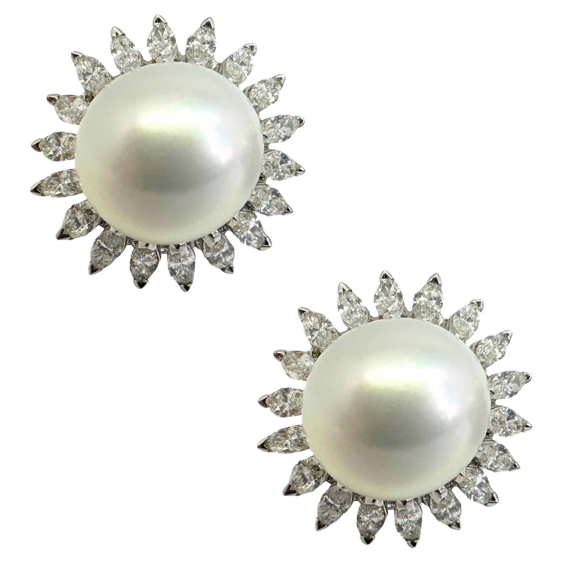 18K Marquise Cut Diamond and Pearl Earrings