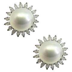 18K Marquise Cut Diamond and Pearl Earrings
