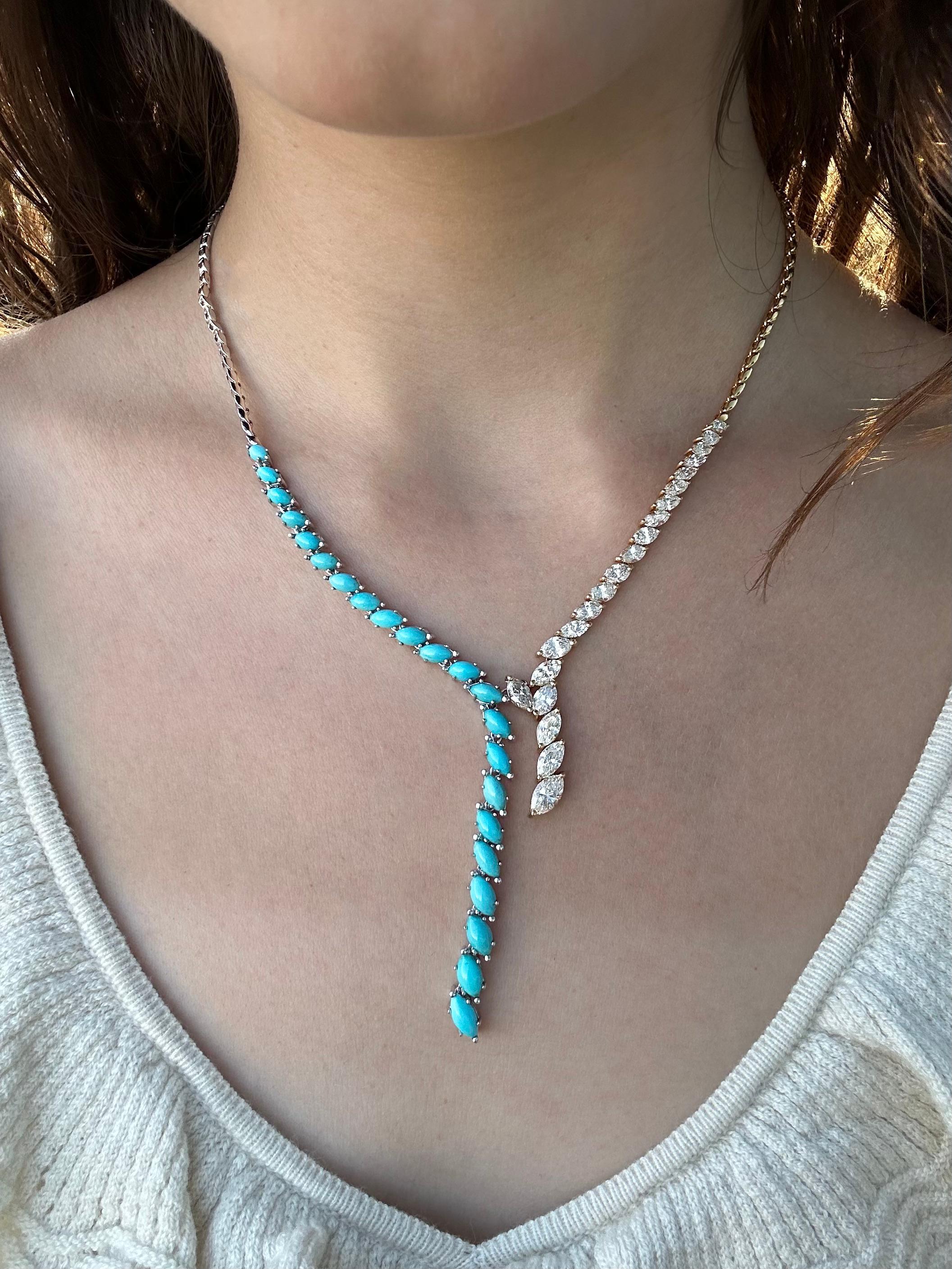 18k Marquise Diamond and Turquoise Necklace For Sale 7