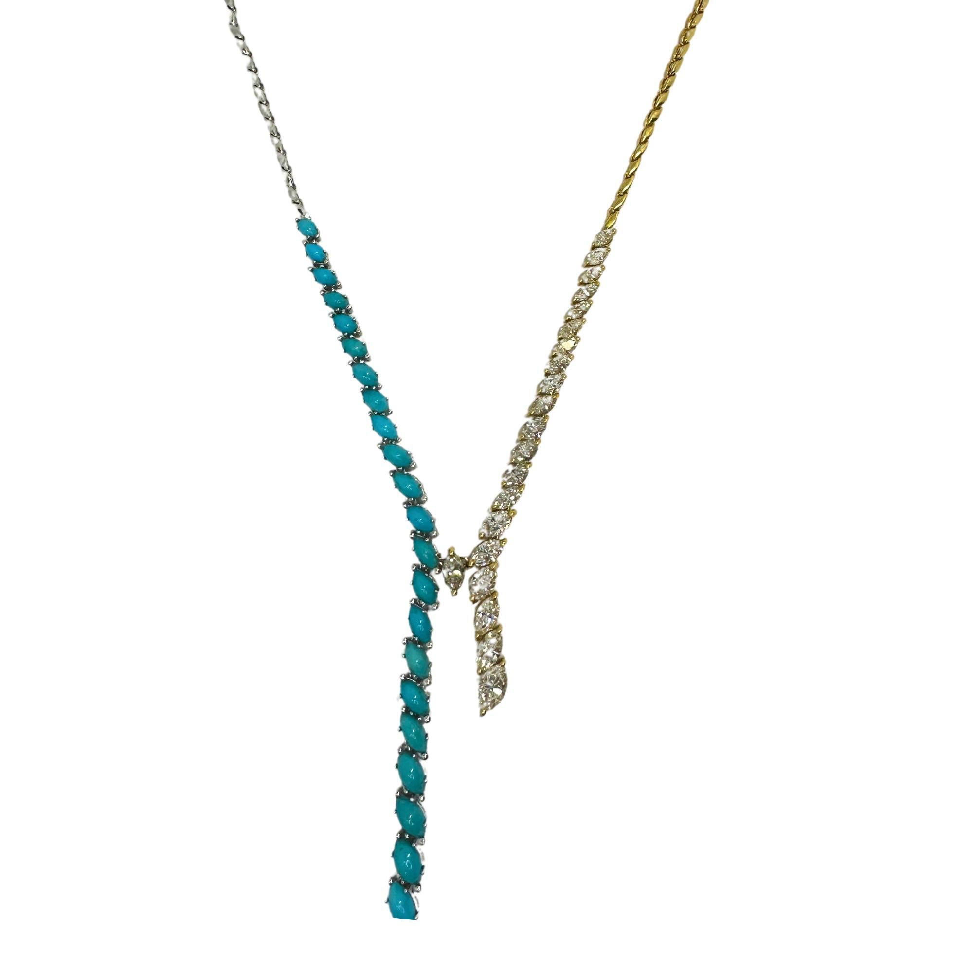This stunning 18k diamond and turquoise necklace is sure to make a statement. The 5.80 carats of sparkling diamonds and 8.18 carats of vibrant turquoise are set in 18k yellow and white gold, weighing a total of 26.46 grams. With a 10.5 inch length