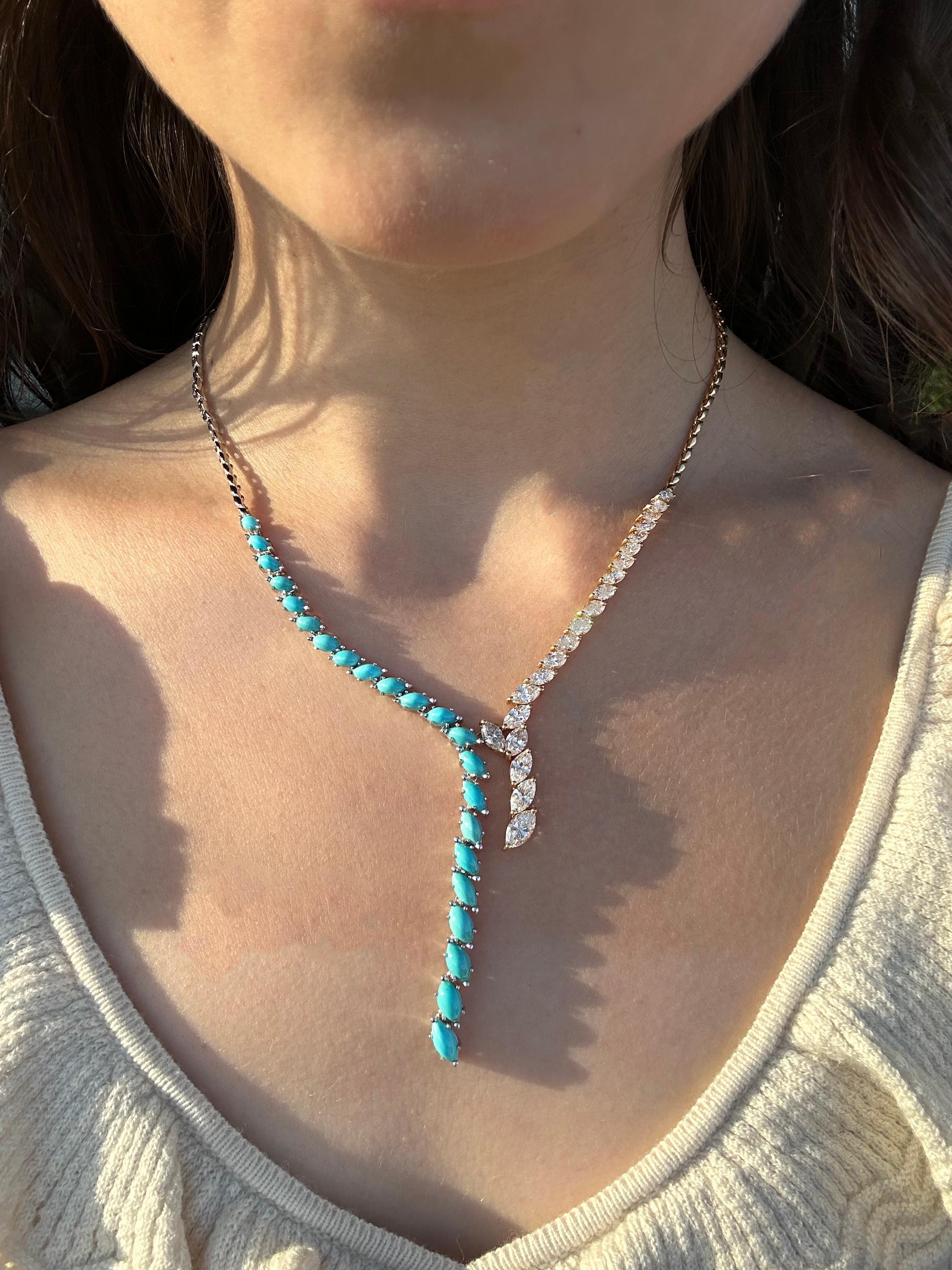 Marquise Cut 18k Marquise Diamond and Turquoise Necklace For Sale
