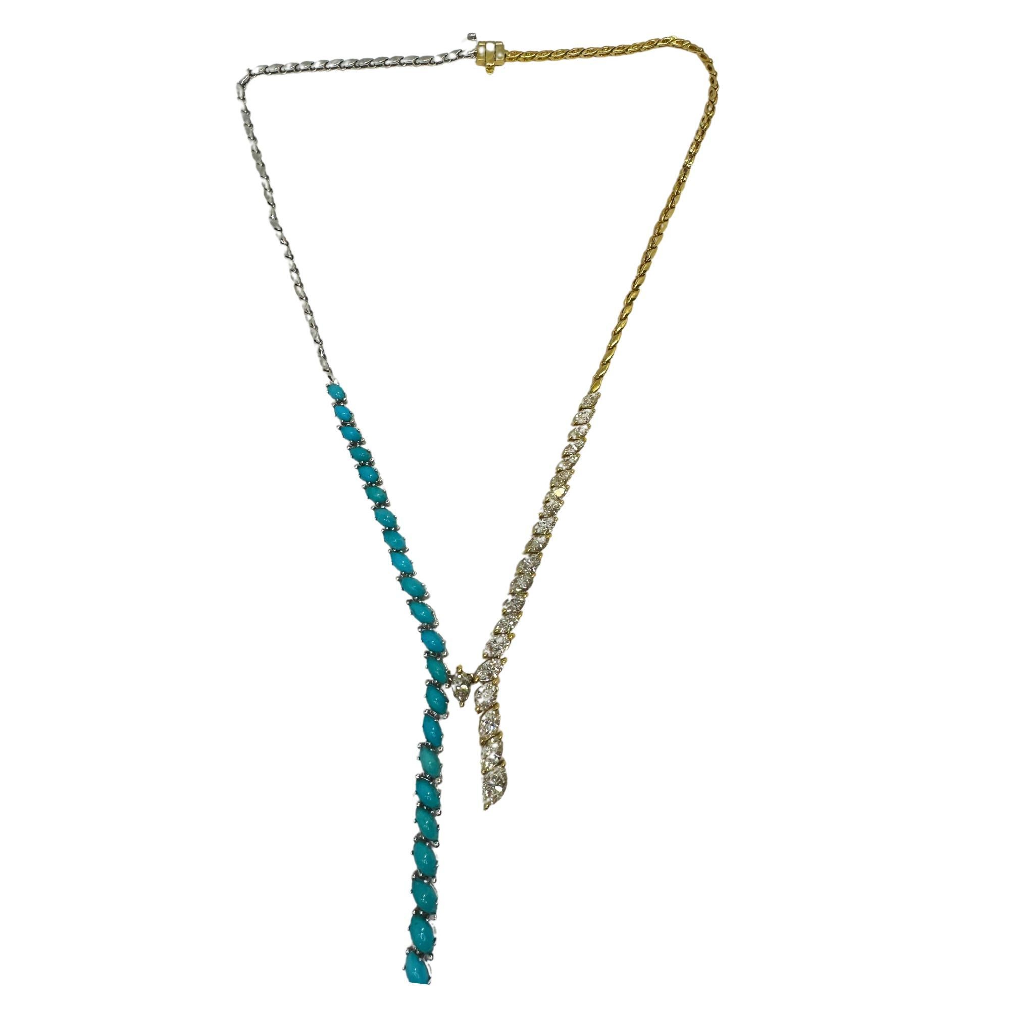 18k Marquise Diamond and Turquoise Necklace In Good Condition For Sale In New York, NY