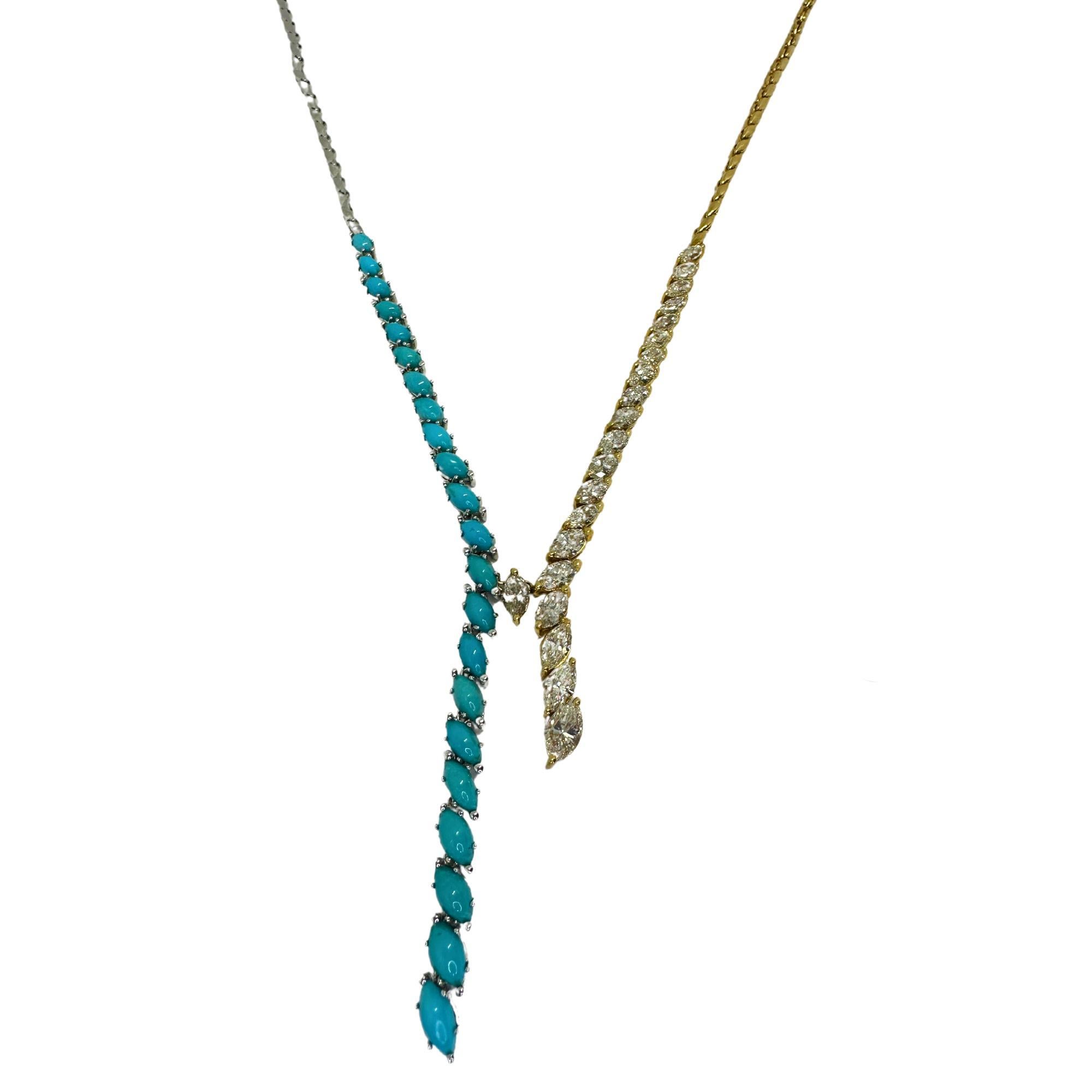 Women's 18k Marquise Diamond and Turquoise Necklace For Sale