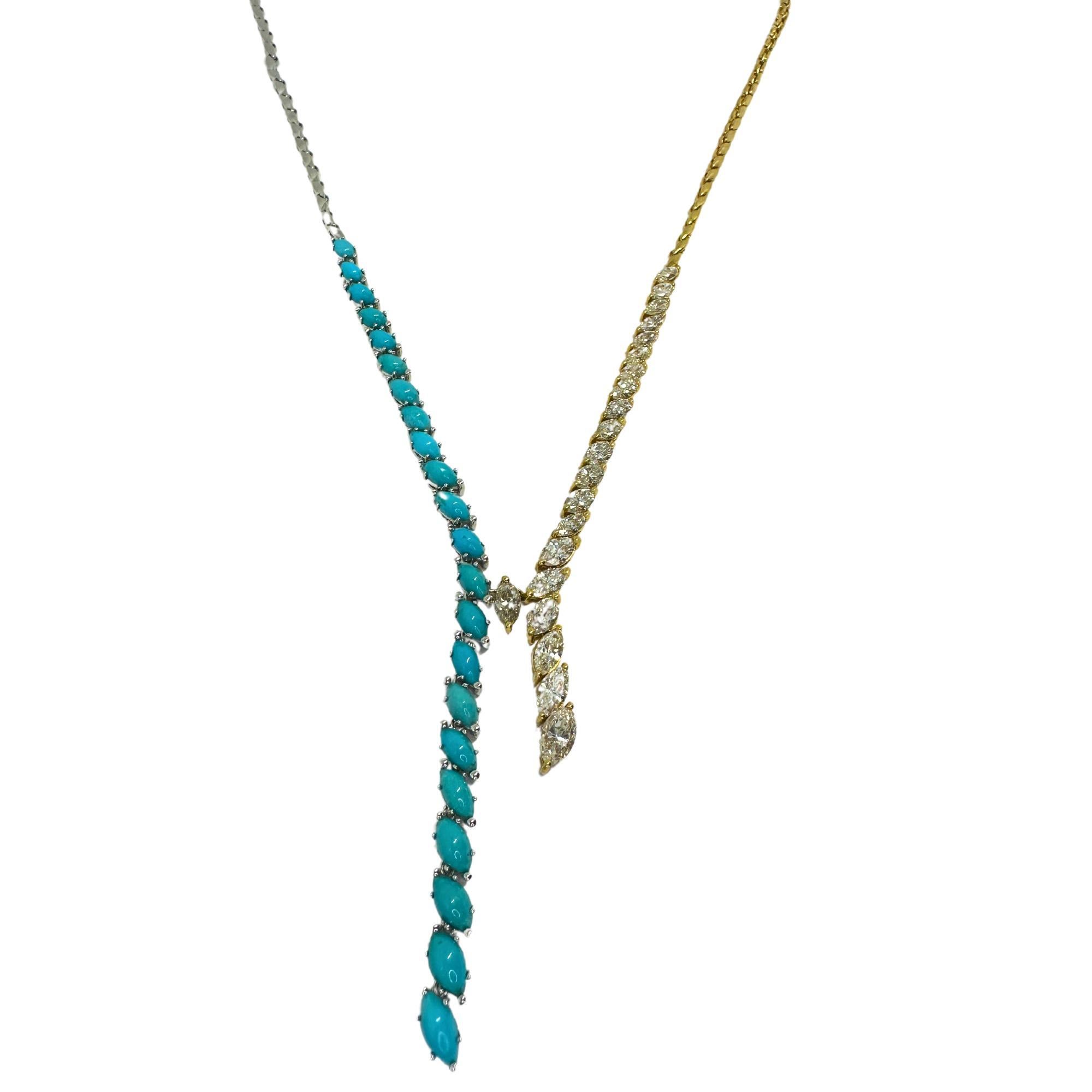 18k Marquise Diamond and Turquoise Necklace For Sale 1