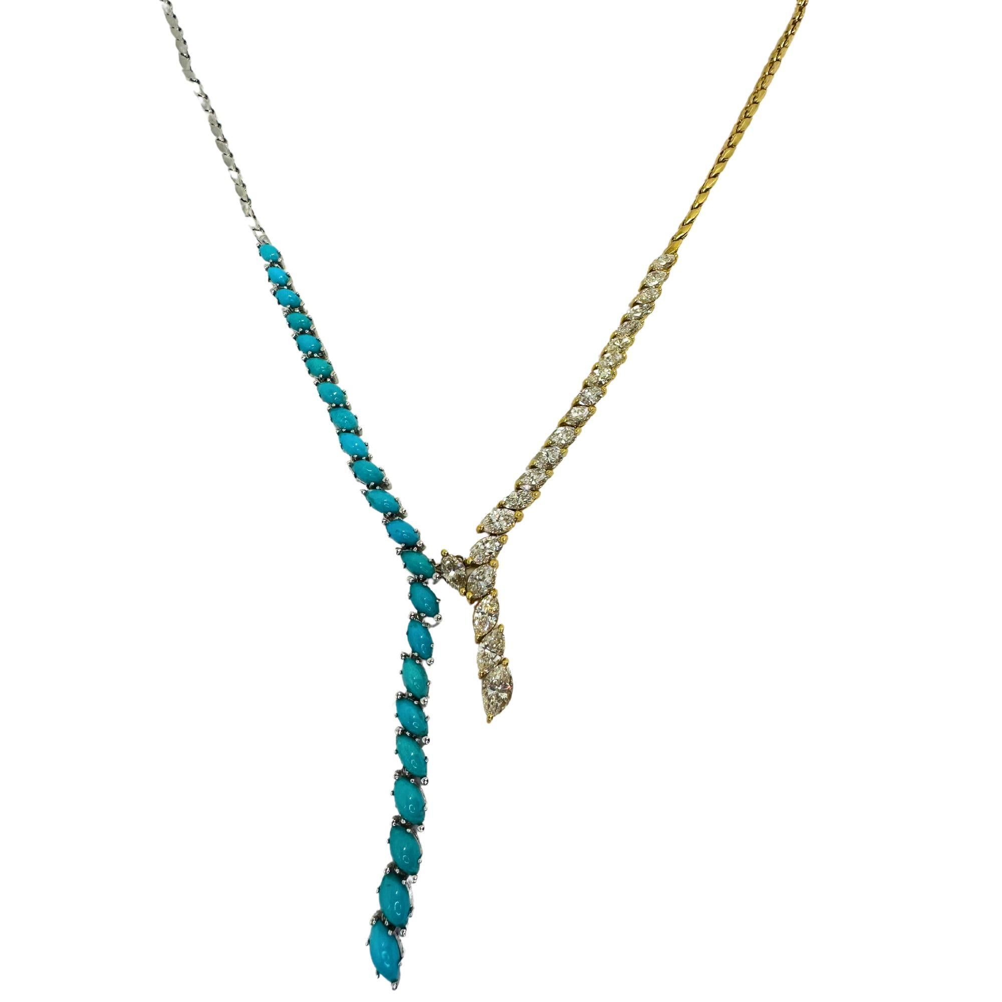 18k Marquise Diamond and Turquoise Necklace For Sale 4