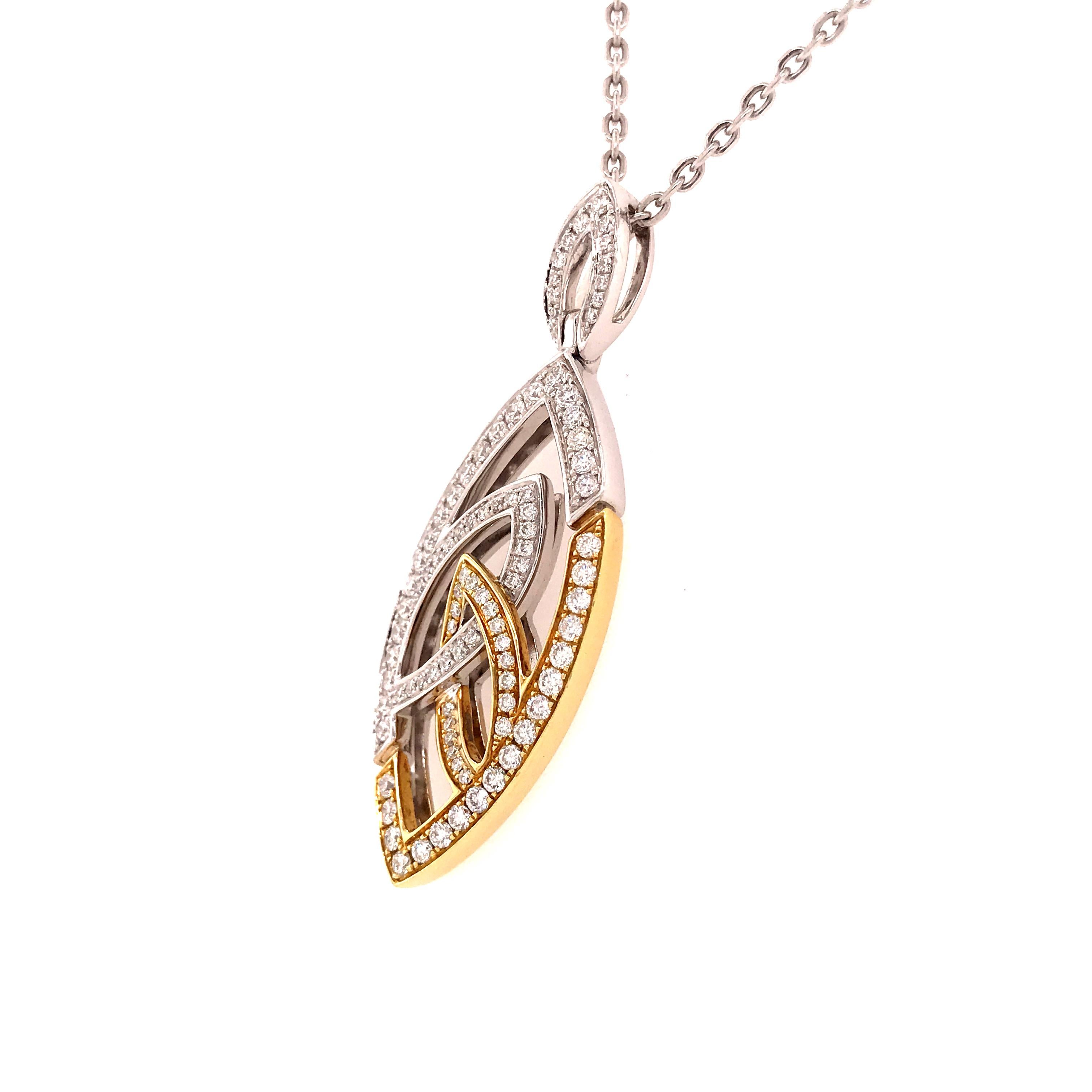 This is a stunning 18K Yellow and White Gold Necklace. The Pendant is a 1 3/4 by 1/2 inch Marquise Shape designed in both White and Yellow Gold expertly set with (96) Round Brilliant Cut Diamonds, approximately 1.64ctw, G-H in Color and VS in