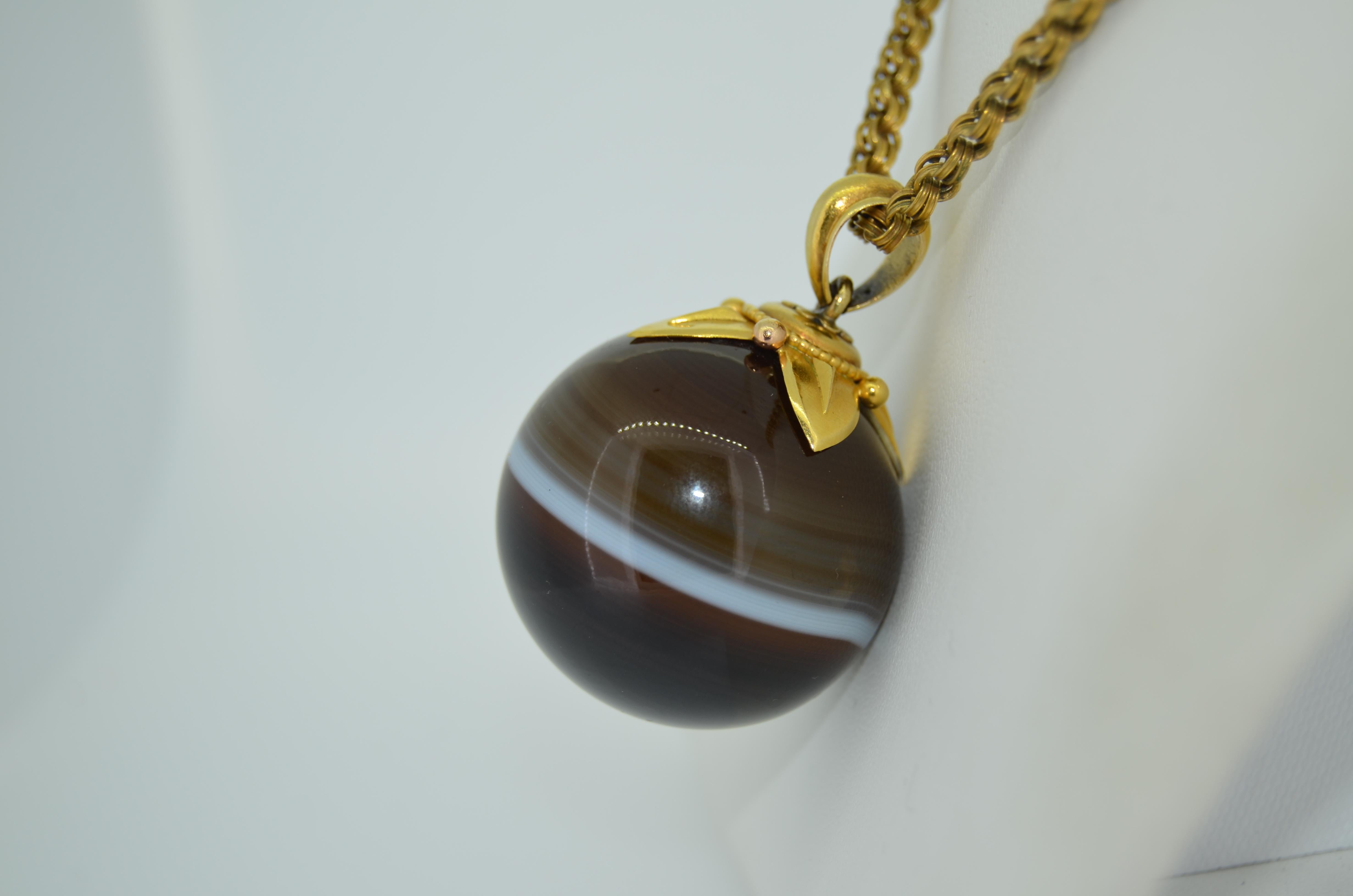 18K Massive Victorian 34.5 mm Banded Agate Orb Pendant In Excellent Condition For Sale In Saratoga, CA