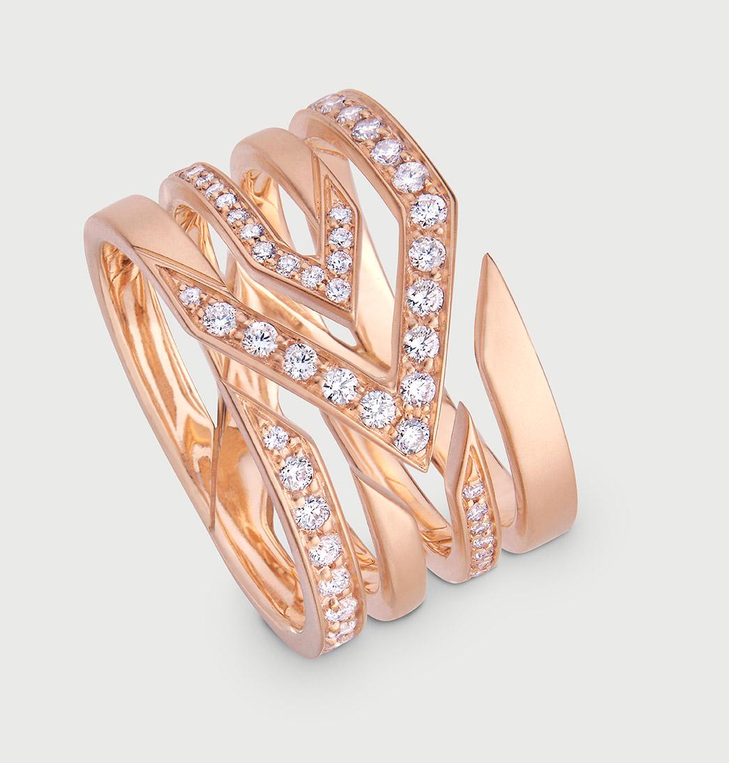 Ring handcrafted in 18K Rose Gold 54 handset stones White Diamonds 0.44 ct. Hand crafted and made in Italy. Gemstones are natural and not treated. 

Ring design is inspired by sacred geometry - the triangle. 
Triangles are a powerful shape in sacred