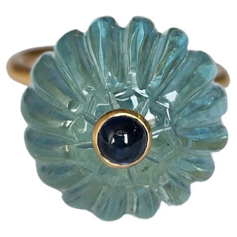 18K Matte Gold 23.59 carat carved Aquamarine Melon & Blue Sapphire Cocktail Ring For Sale