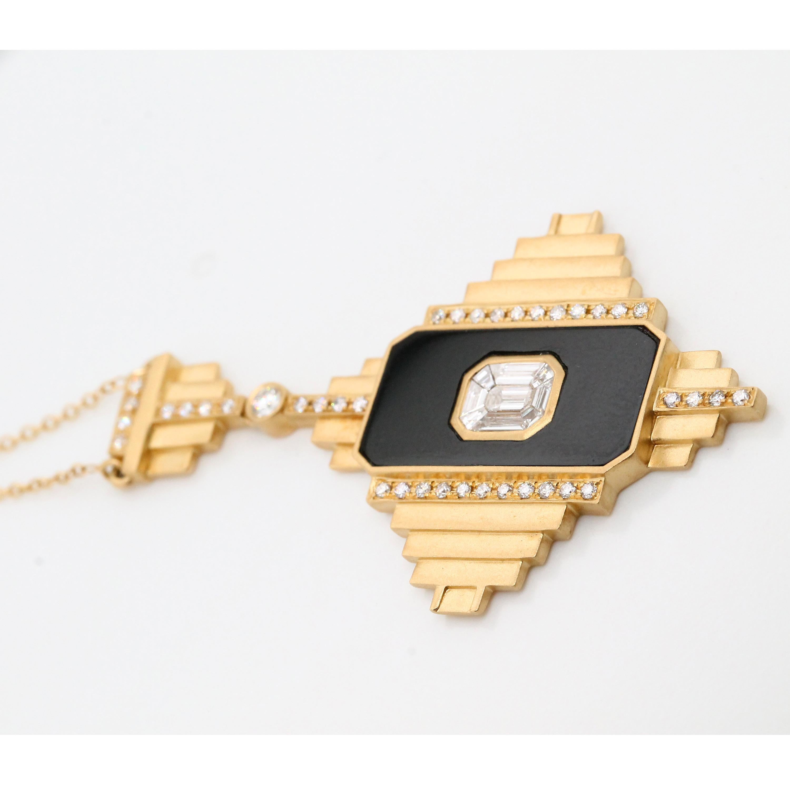 18K Gold Art Deco Style Necklace Black Onyx Invisible-Set Baguette Diamonds In New Condition For Sale In Great Neck, NY