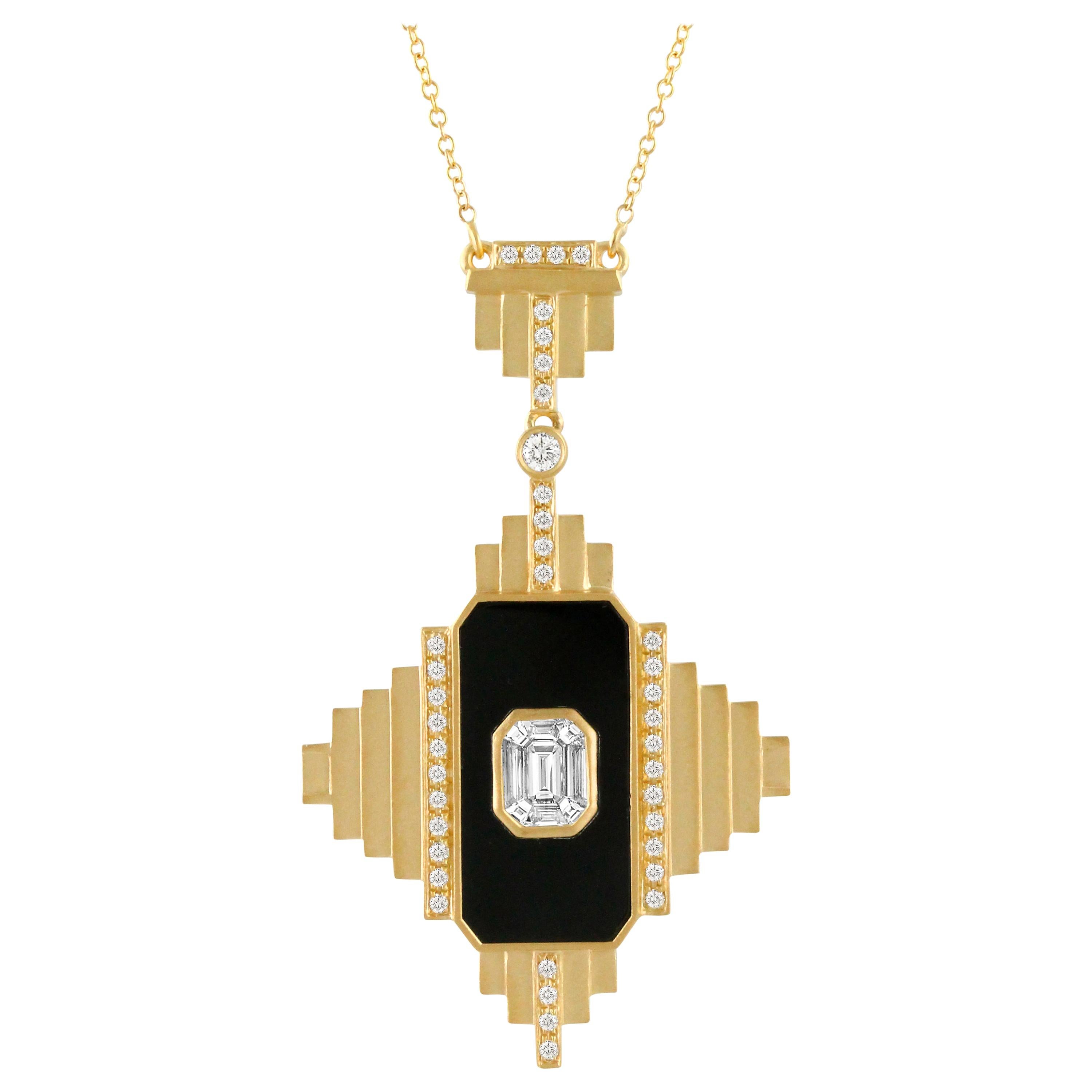 18K Gold Art Deco Style Necklace Black Onyx Invisible-Set Baguette Diamonds For Sale