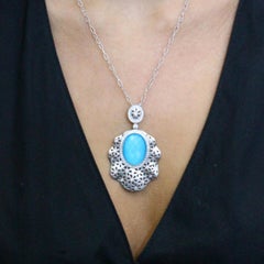 18K Matte White Gold Necklace w/Oval White Topaz, Arizona Turquoise, & Diamonds