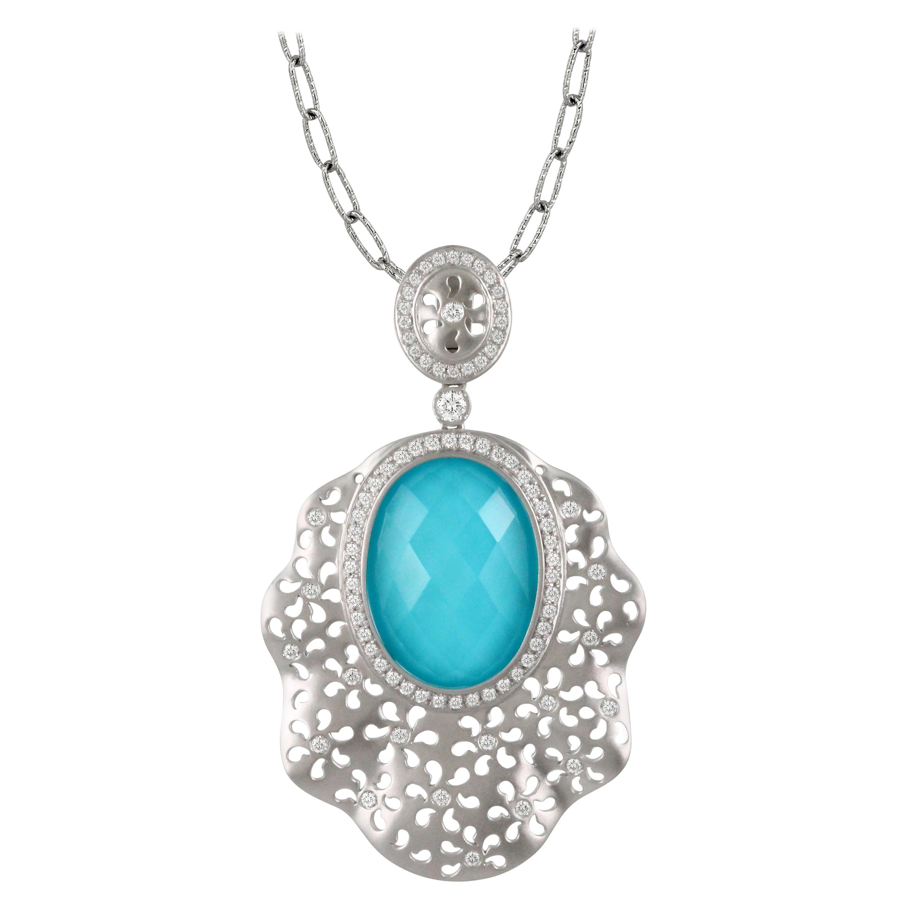 18K Matte White Gold Necklace w/Oval White Topaz, Arizona Turquoise, & Diamonds For Sale