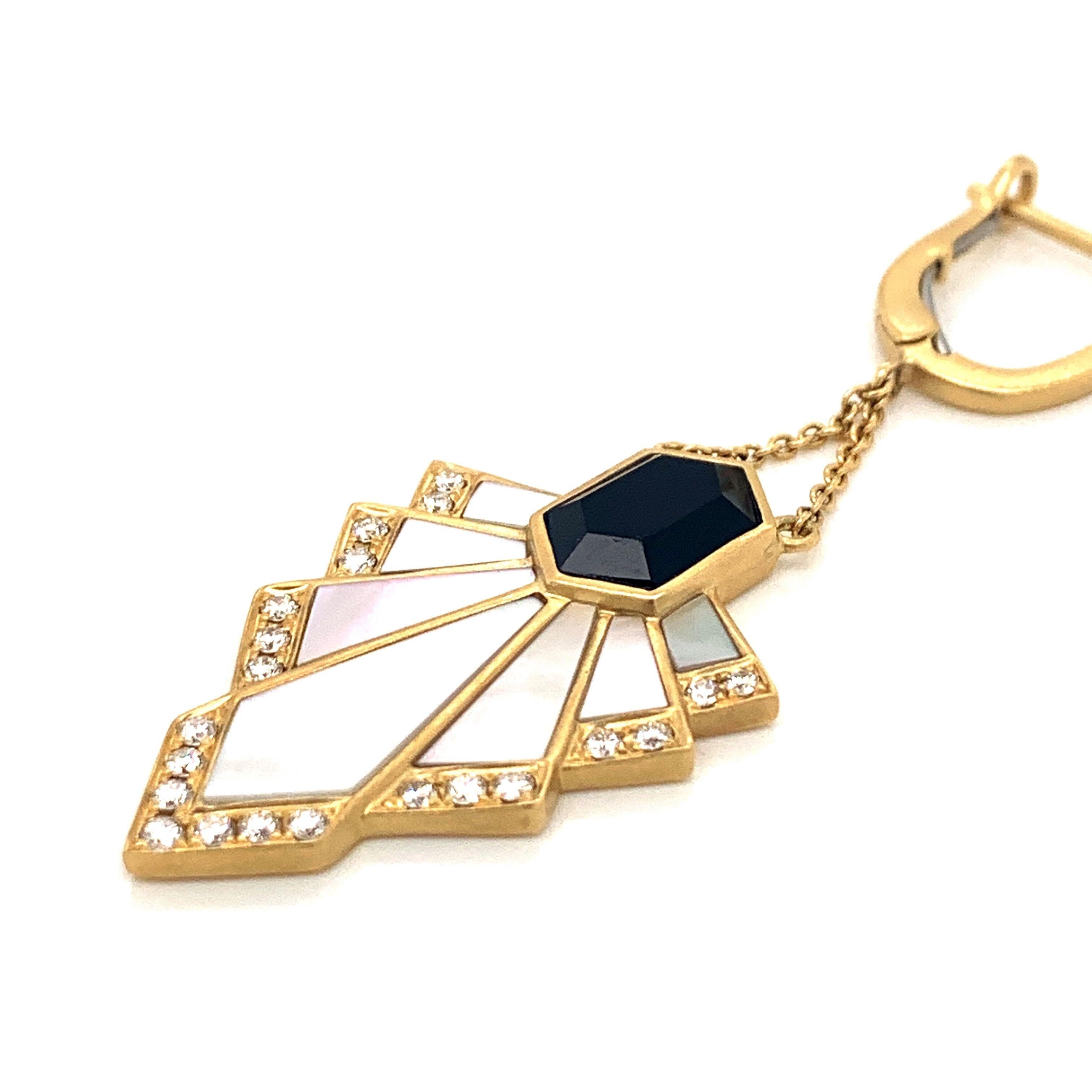Art Deco style Earrings featuring Mother of Pearl inlay, Black Onyx, and diamonds, set in 18K Matte Finish Yellow Gold. Earrings hang from gold huggie tops, attached to chains. The Gatsby collection from Doves by Doron Paloma features exquisite