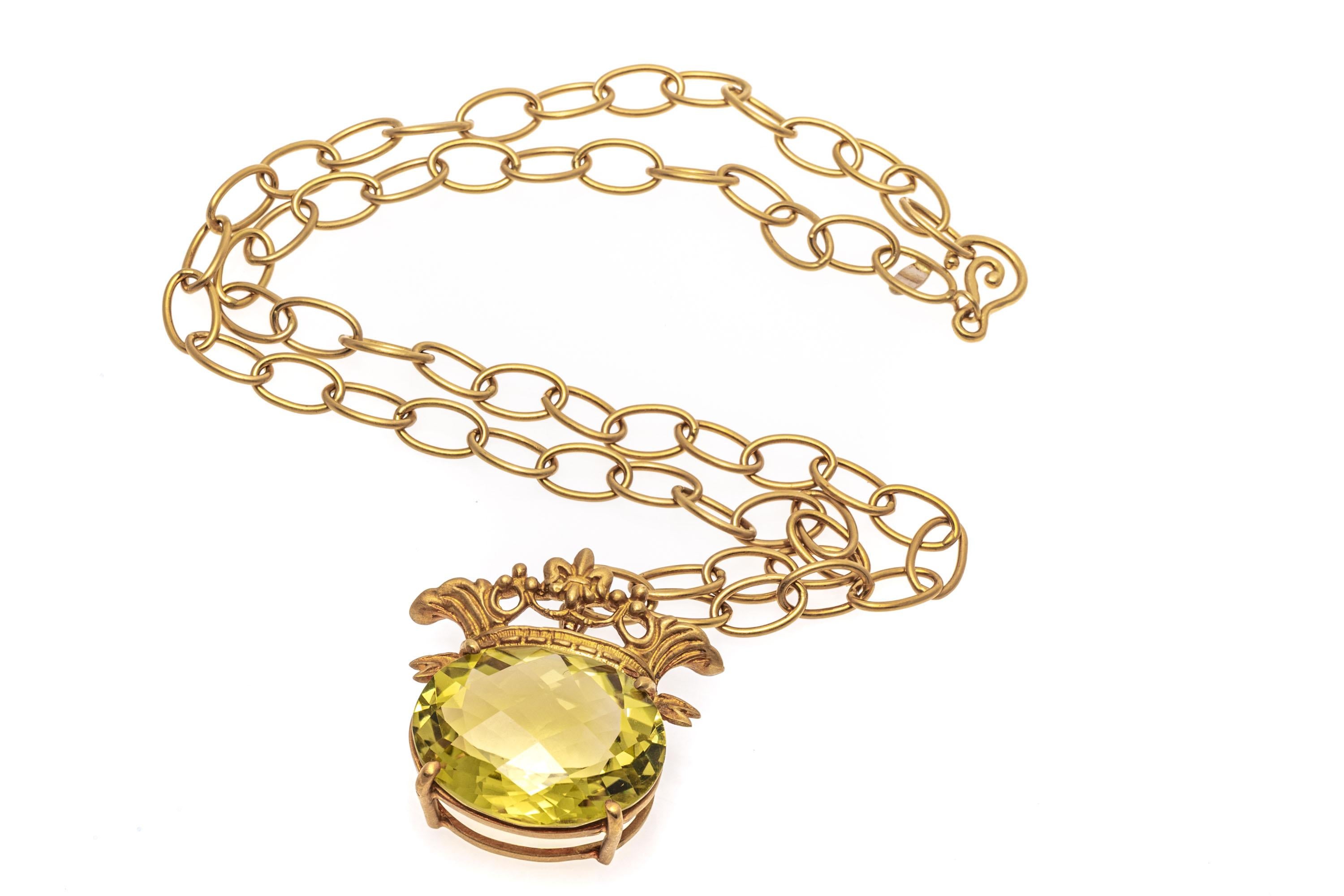 18k Matte Yellow Gold Chain with 14k Citrine Crowned Pendant, App. 12.36 CTS For Sale 5