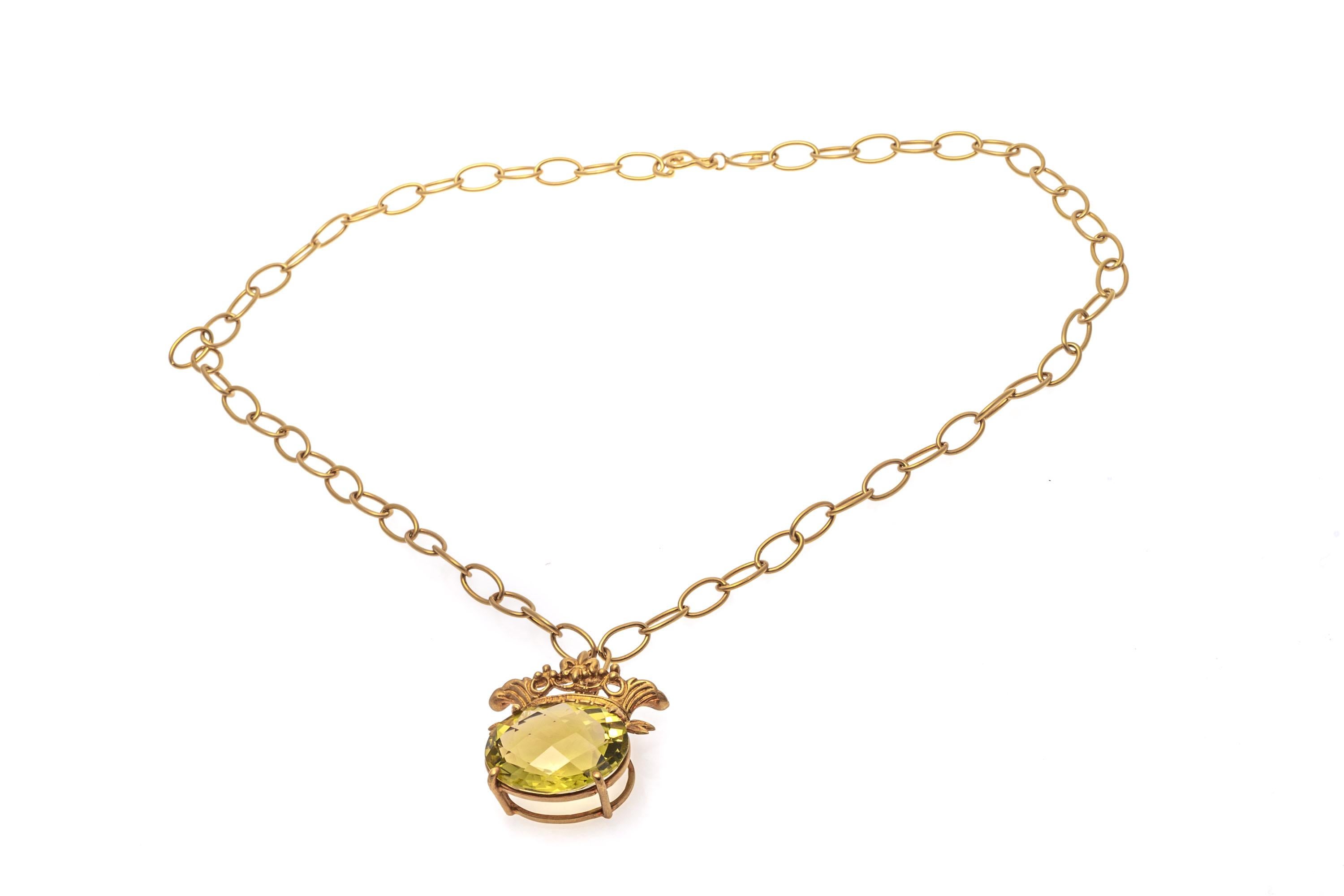 Women's 18k Matte Yellow Gold Chain with 14k Citrine Crowned Pendant, App. 12.36 CTS For Sale