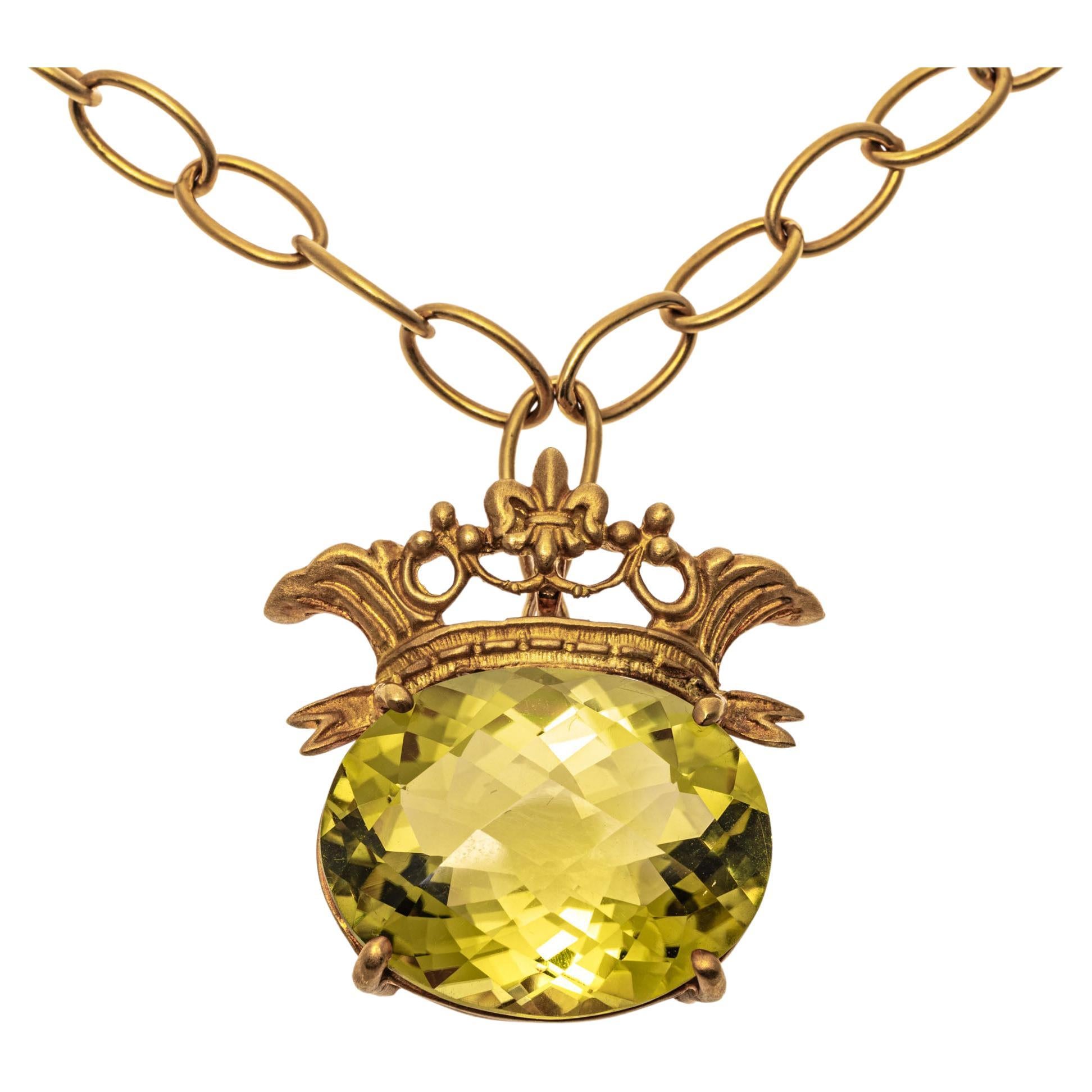 18k Matte Yellow Gold Chain with 14k Citrine Crowned Pendant, App. 12.36 CTS For Sale