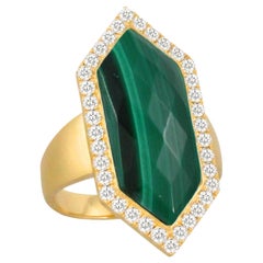 18K Matte Yellow Gold Hexagon Cocktail Fashion Ring with Malachite and Diamonds