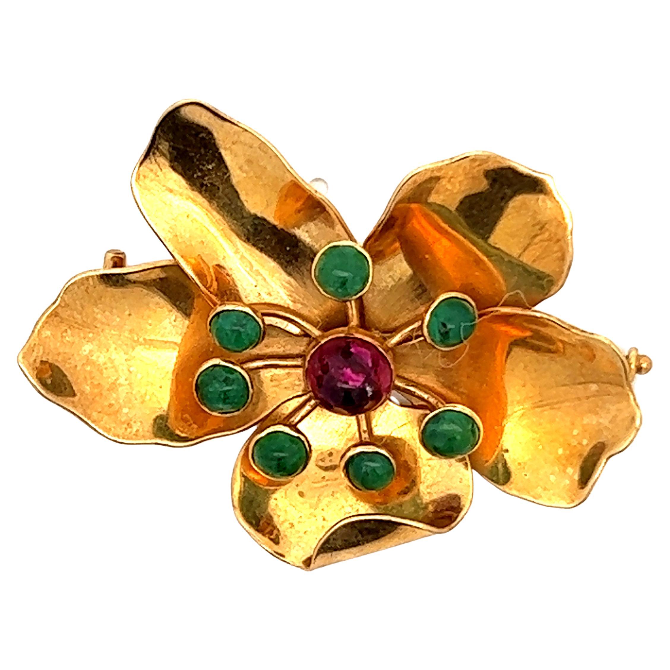 18K Mic Neugel Hyper Realistic Tourmaline and Emerald Cabochon Statement Pin  For Sale