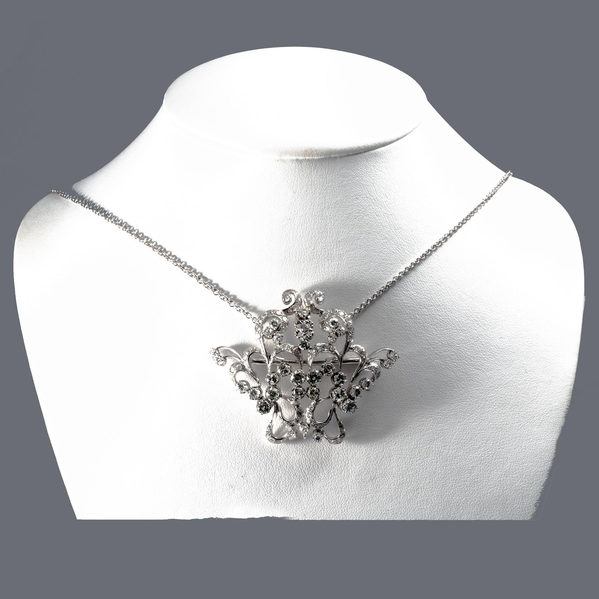 18K Midcentury Vintage Garland Intricated Open Work Diamond Necklace and Brooch For Sale 5