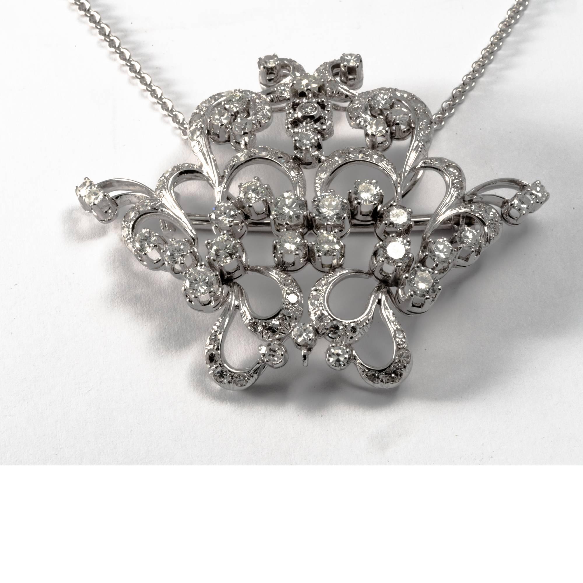 18K Midcentury Vintage Garland Intricated Open Work Diamond Necklace and Brooch For Sale 1