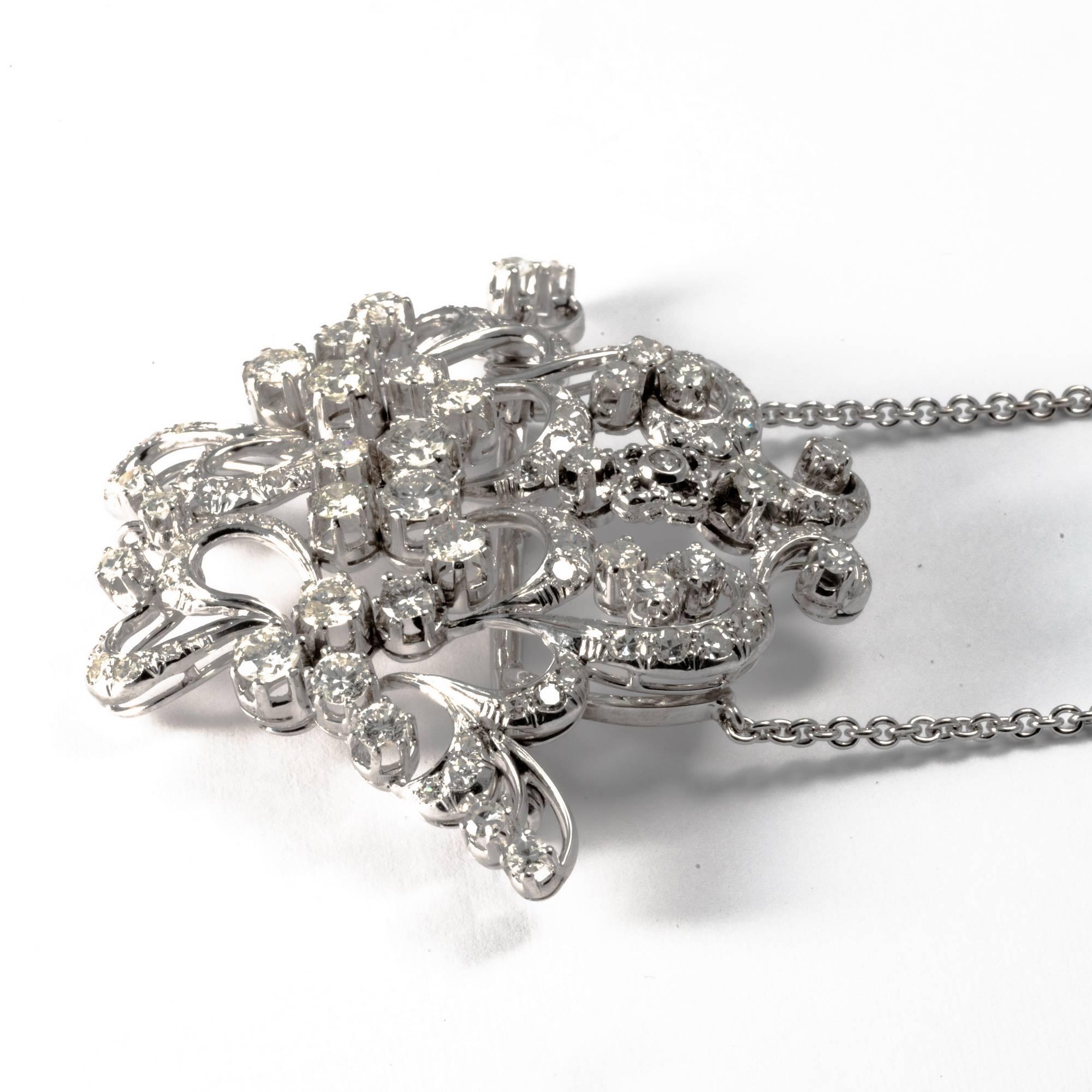 18K Midcentury Vintage Garland Intricated Open Work Diamond Necklace and Brooch For Sale 2