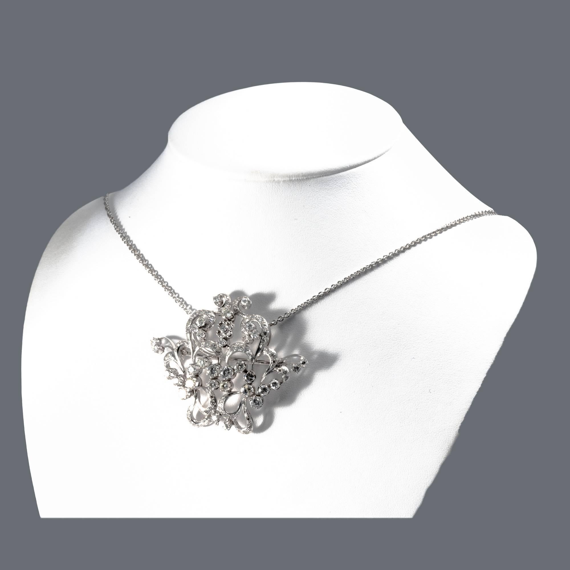 18K Midcentury Vintage Garland Intricated Open Work Diamond Necklace and Brooch For Sale 4