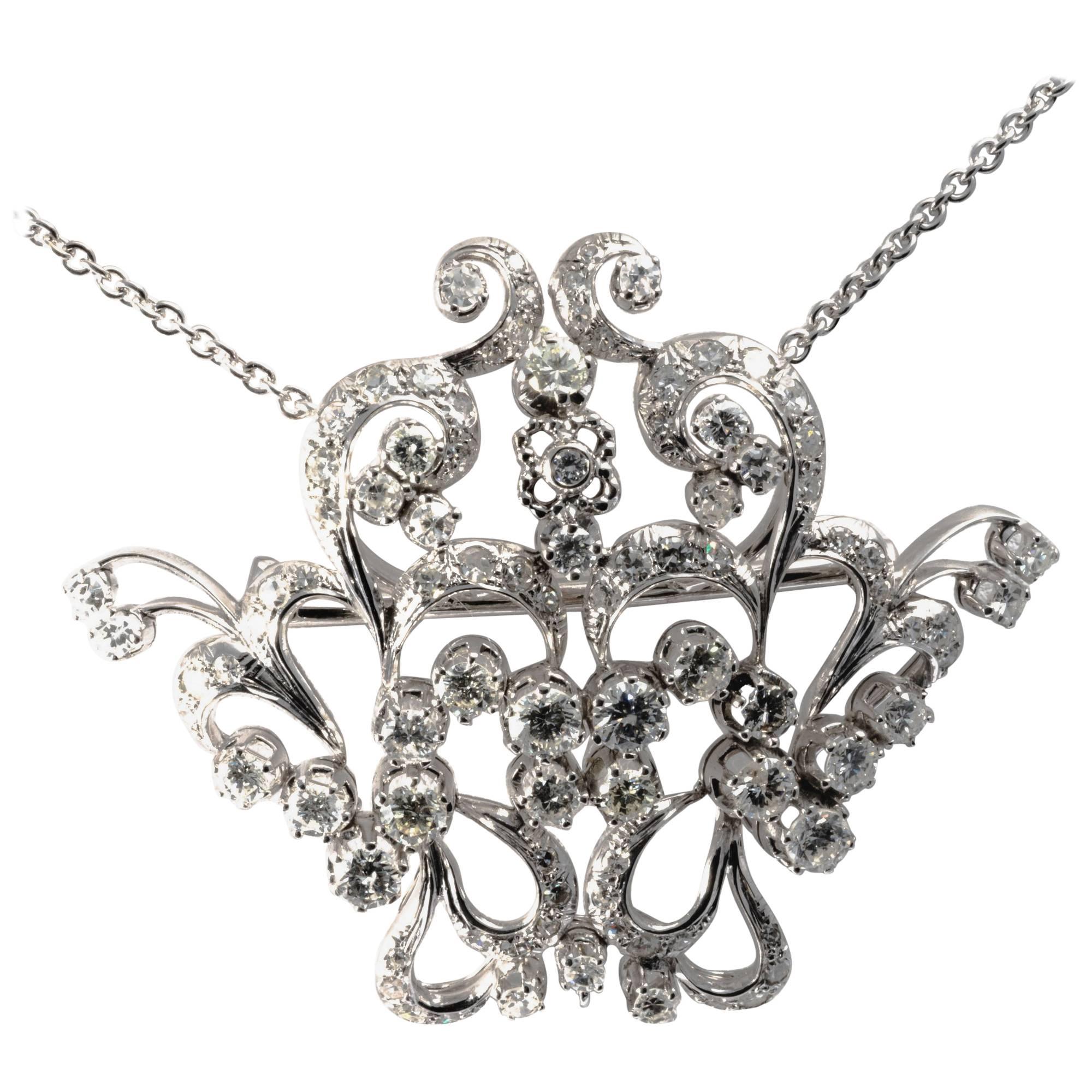 18K Midcentury Vintage Garland Intricated Open Work Diamond Necklace and Brooch For Sale