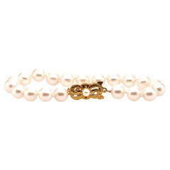 18K MIKIMOTO Yellow Gold Pearl Bracelet with Ribbon Clasp