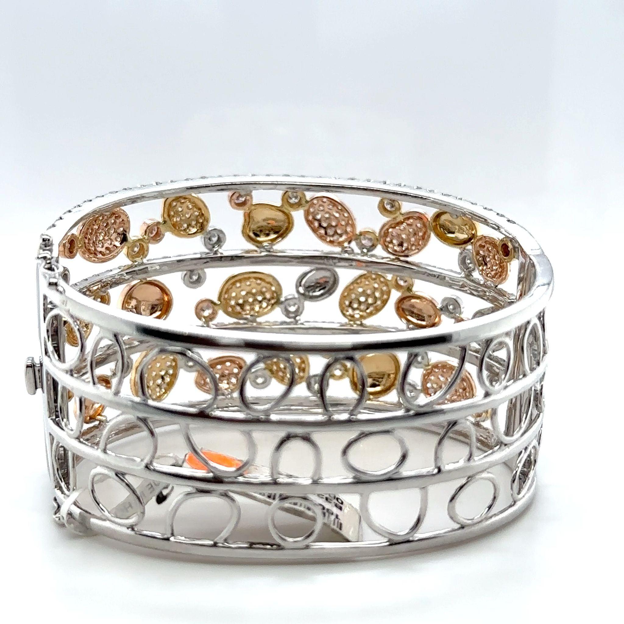 Women's 18k Mixed Yellow, White, Rose Gold Wide Diamond Bangle Totaling 11.42ct For Sale