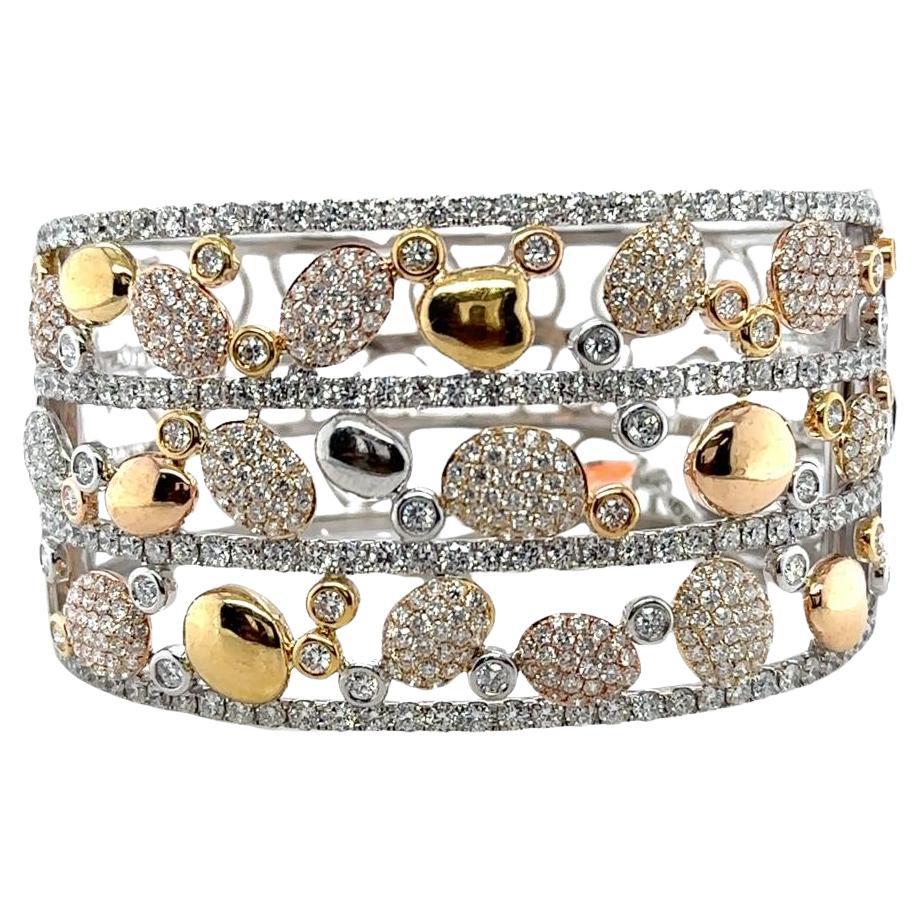 18k Mixed Yellow, White, Rose Gold Wide Diamond Bangle Totaling 11.42ct