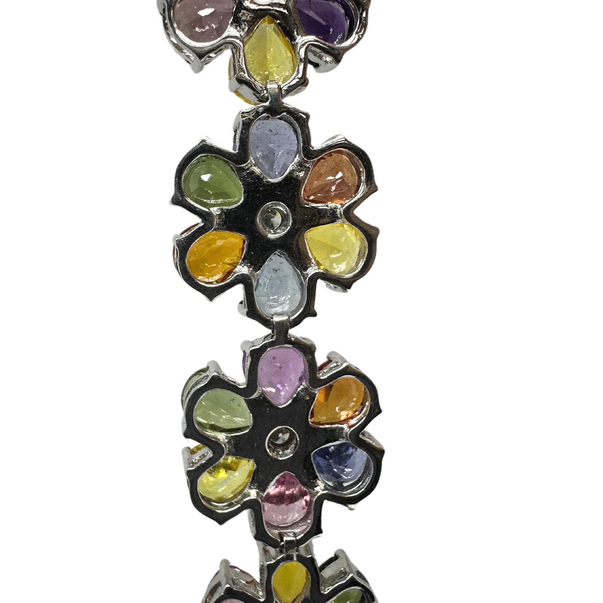 18k Modern Pear Cut Multicolor Sapphire and Diamond Flower Bracelet For Sale 5