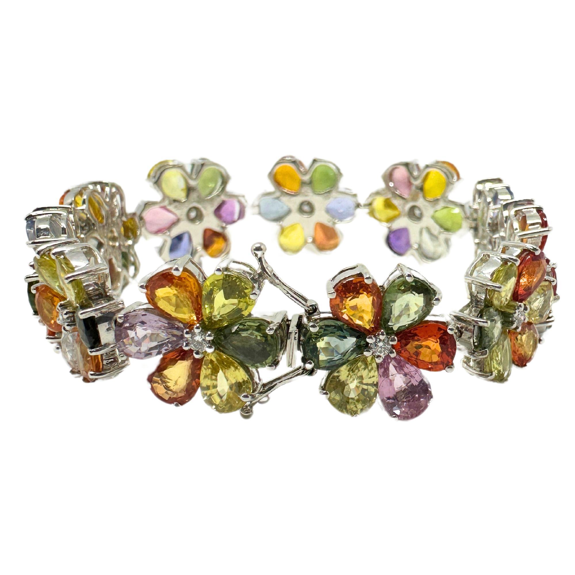 Round Cut 18k Modern Pear Cut Multicolor Sapphire and Diamond Flower Bracelet For Sale