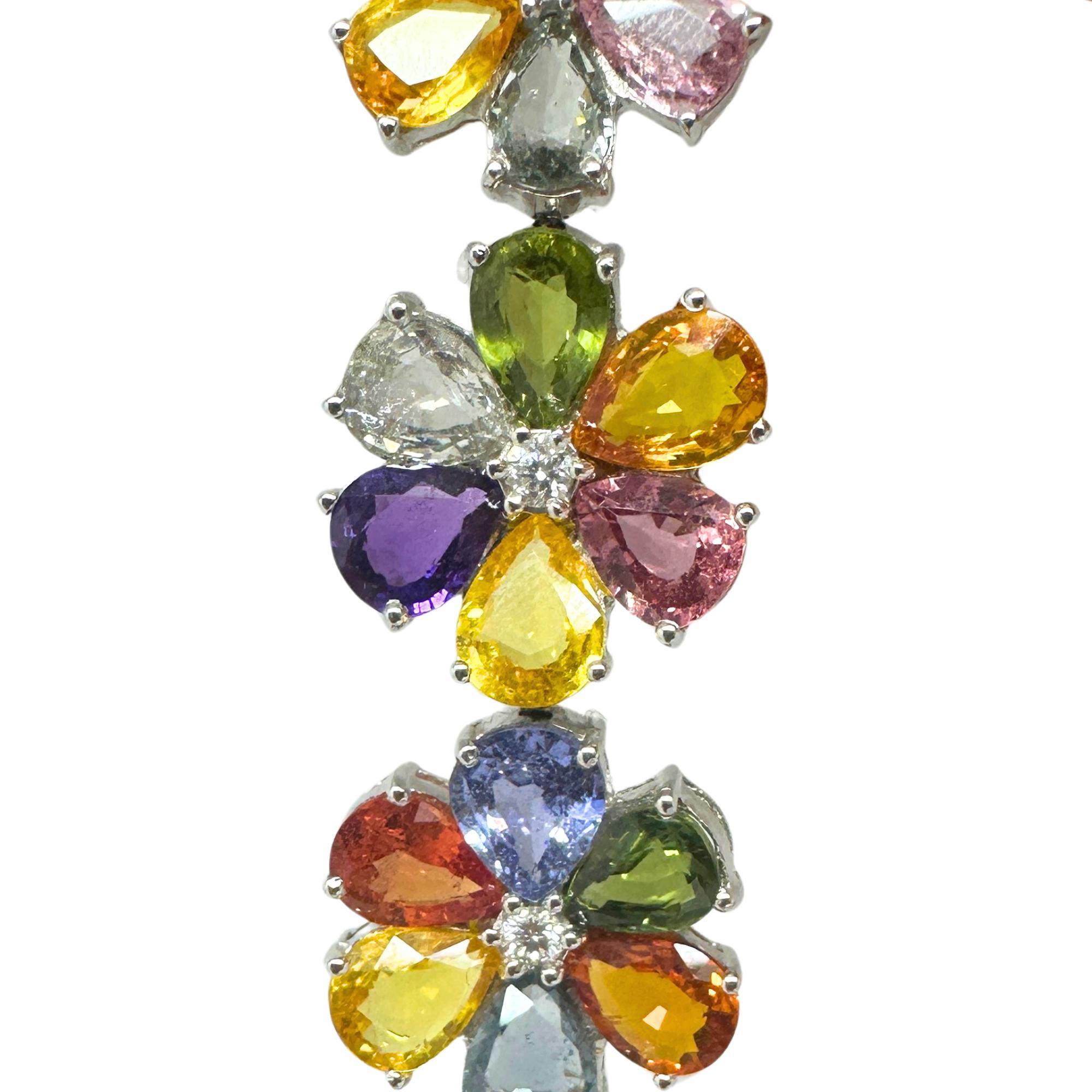 18k Modern Pear Cut Multicolor Sapphire and Diamond Flower Bracelet For Sale 4