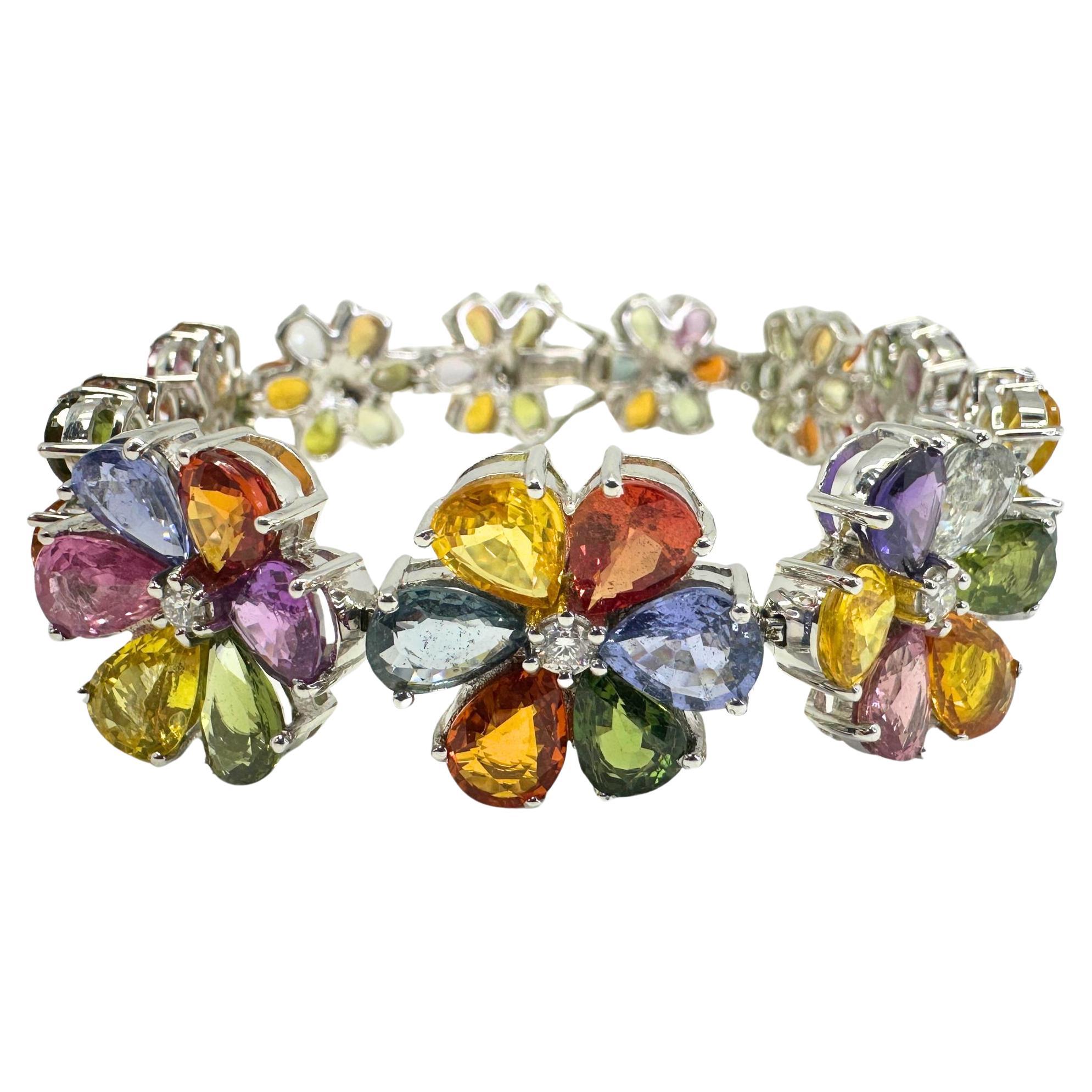 18k Modern Pear Cut Multicolor Sapphire and Diamond Flower Bracelet For Sale