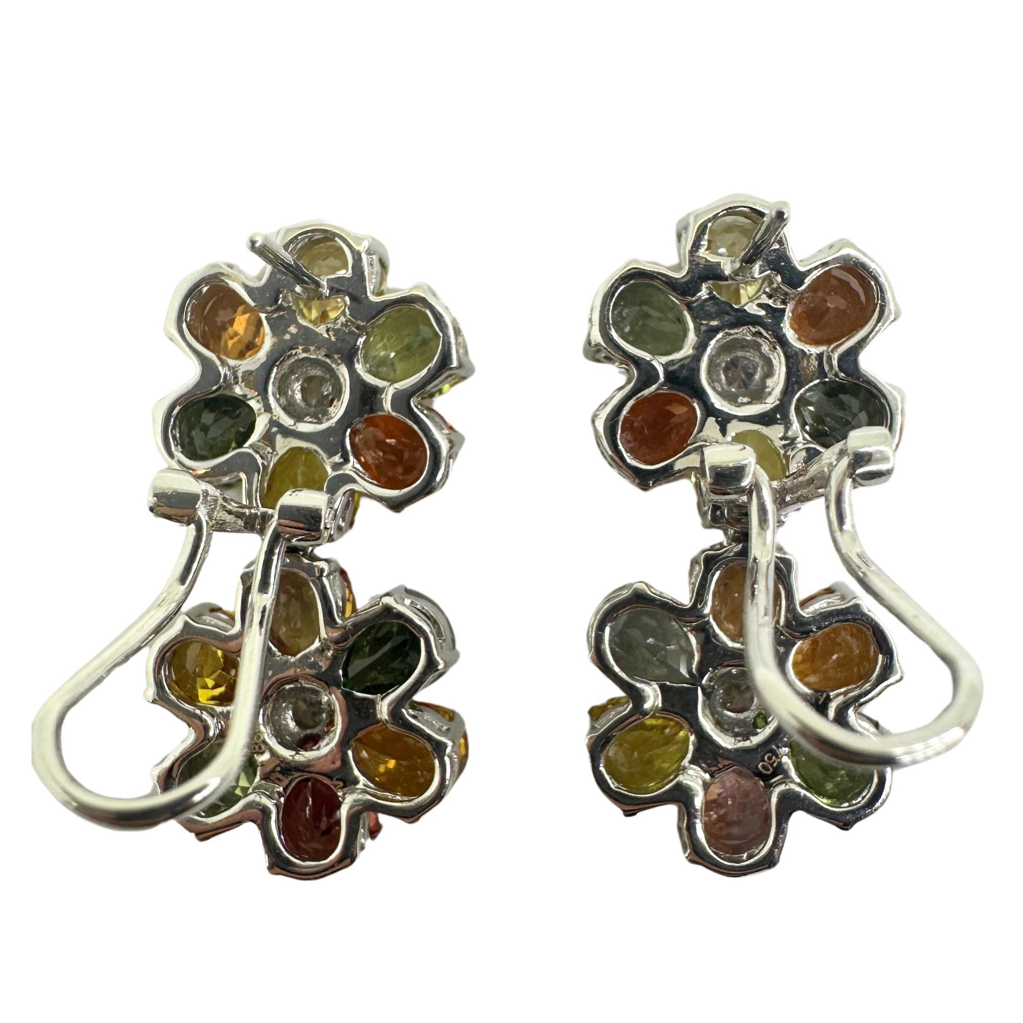 18k Modern Pear Cut Multicolor Sapphire and Diamond Flower Earrings In Good Condition For Sale In New York, NY