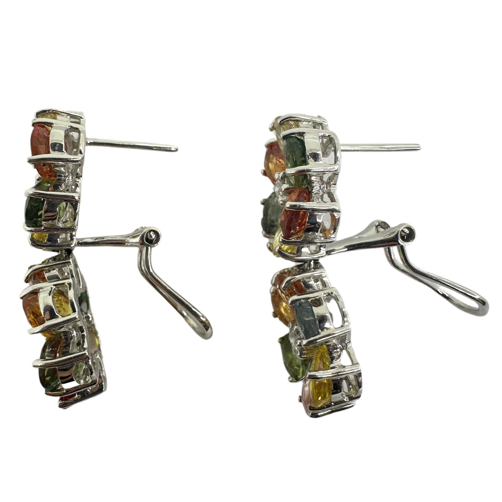 18k Modern Pear Cut Multicolor Sapphire and Diamond Flower Earrings For Sale 1