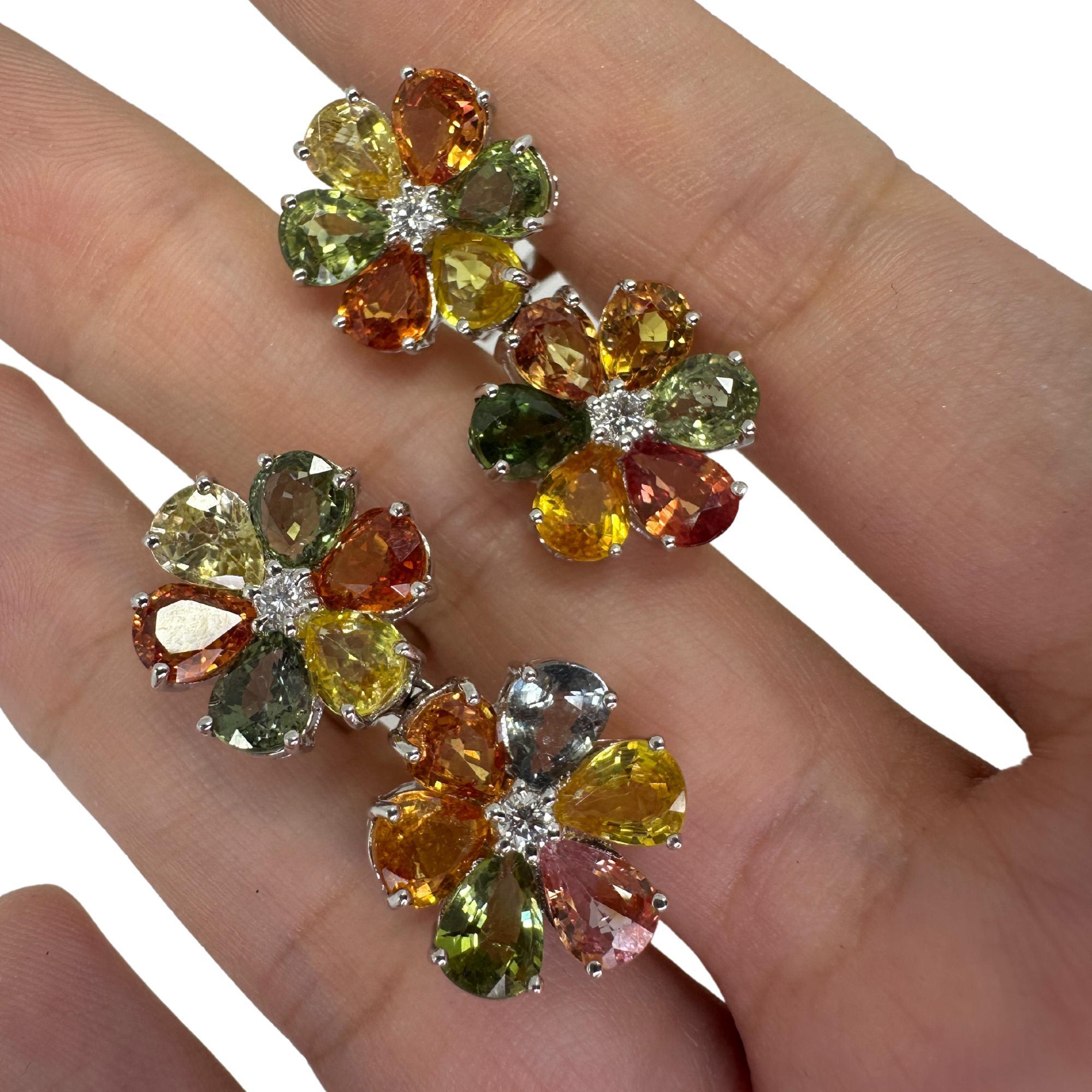 18k Modern Pear Cut Multicolor Sapphire and Diamond Flower Earrings For Sale 2