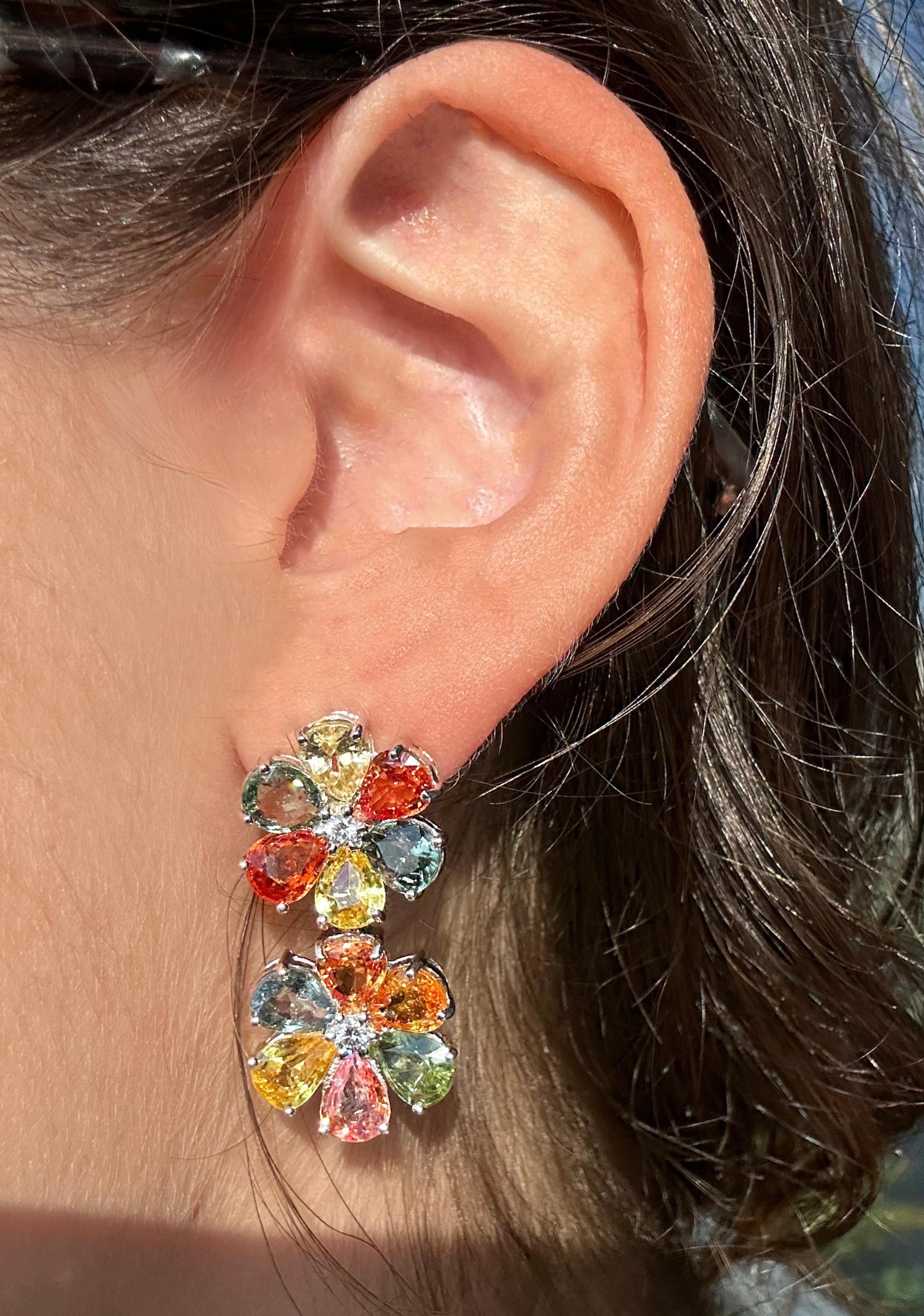 18k Modern Pear Cut Multicolor Sapphire and Diamond Flower Earrings For Sale 4
