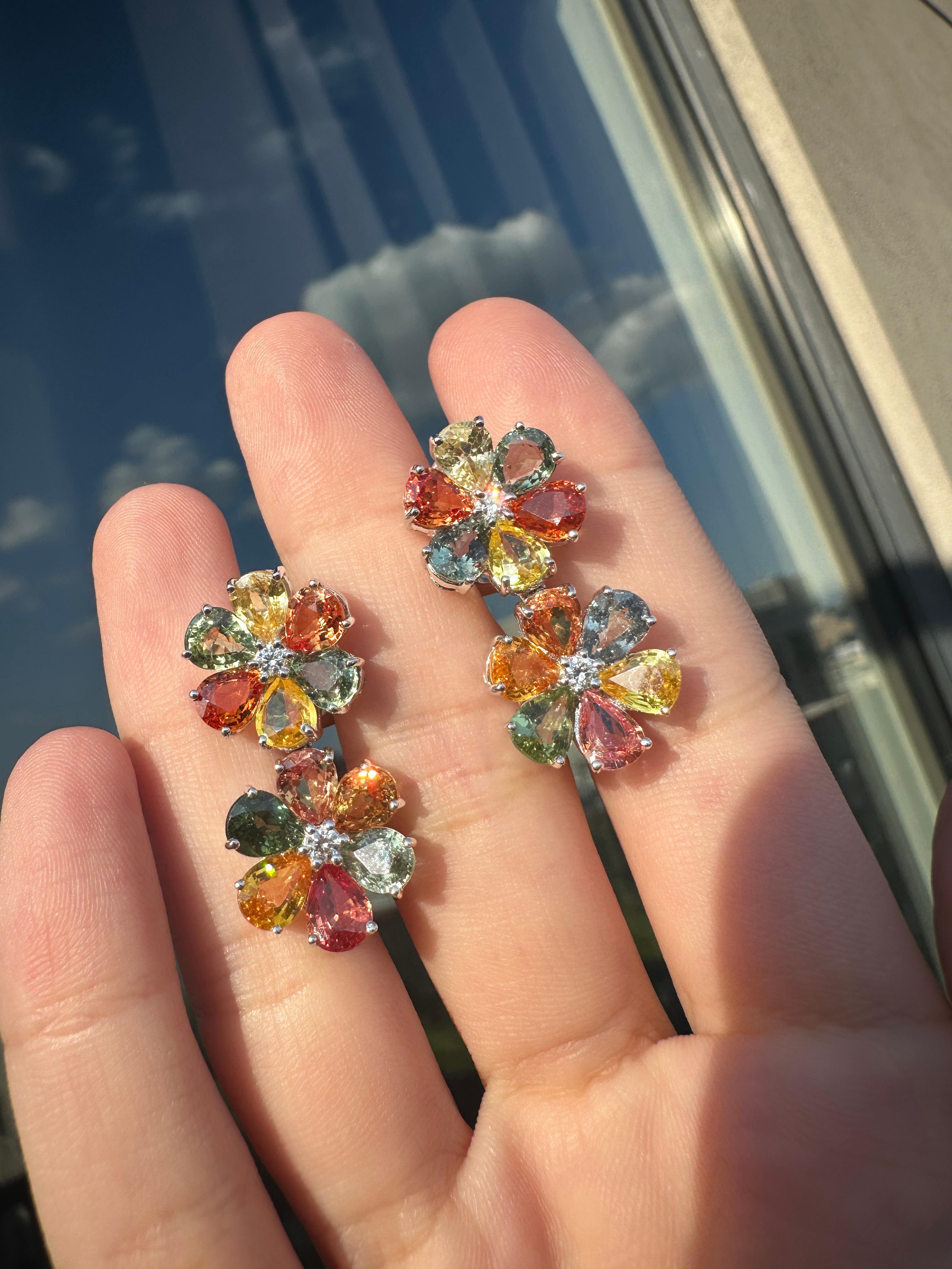 18k Modern Pear Cut Multicolor Sapphire and Diamond Flower Earrings For Sale 5