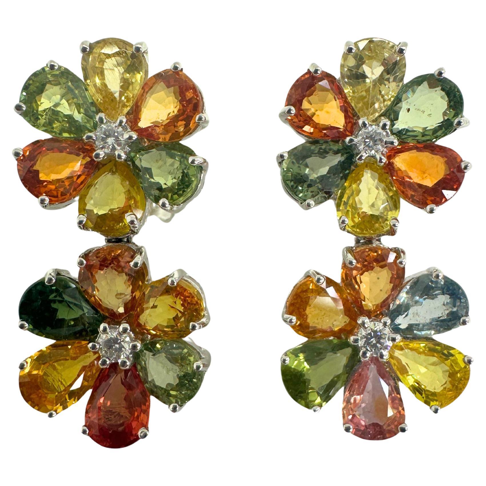 18k Modern Pear Cut Multicolor Sapphire and Diamond Flower Earrings