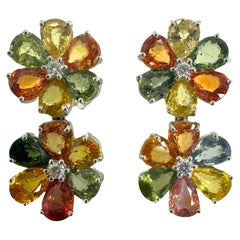 Pendientes Flor de Zafiro Multicolor Corte Pera y Diamantes Modernos 18k