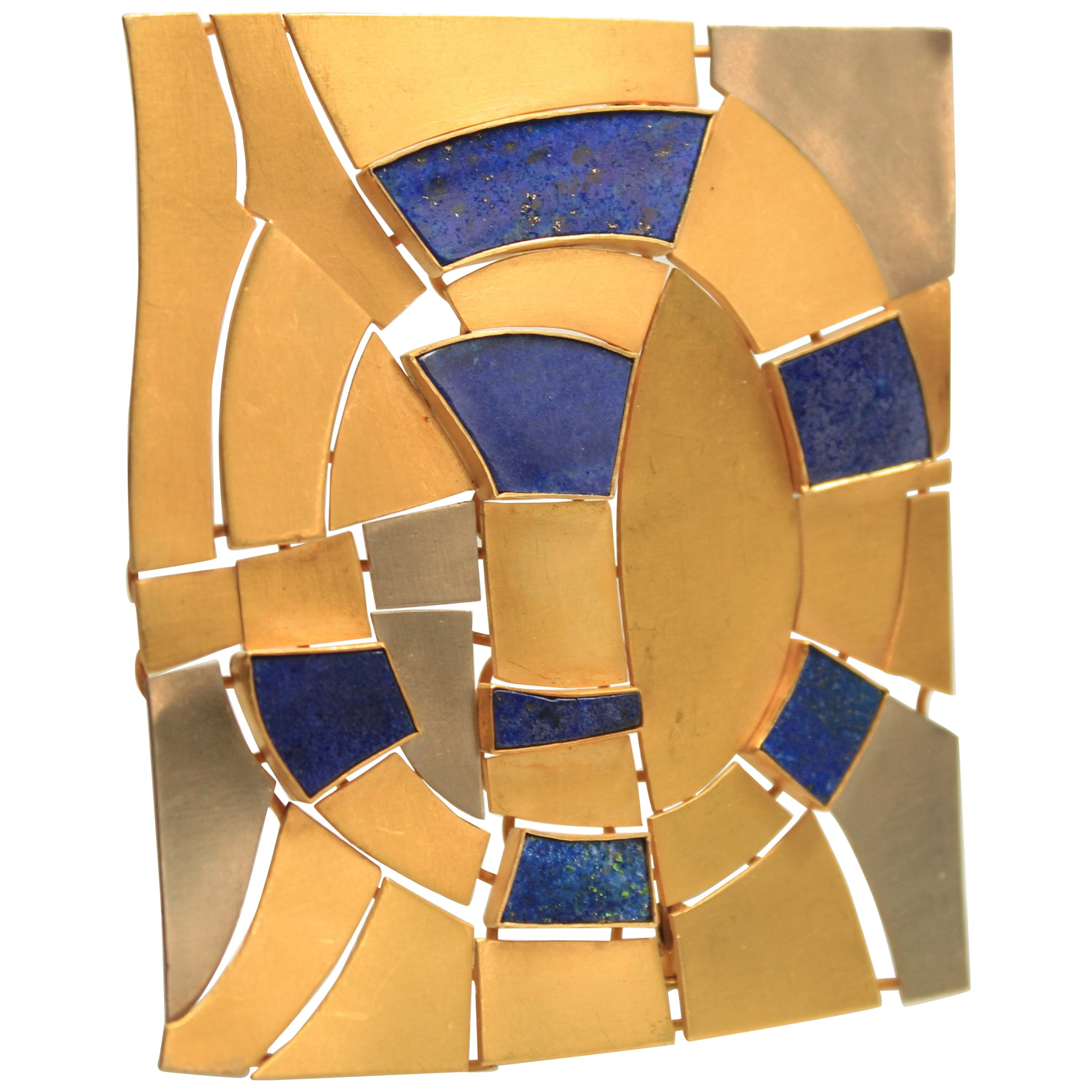 18K Modernist Gold and Lapis Lazuli Brooch Designed by Andre Lamy For Sale