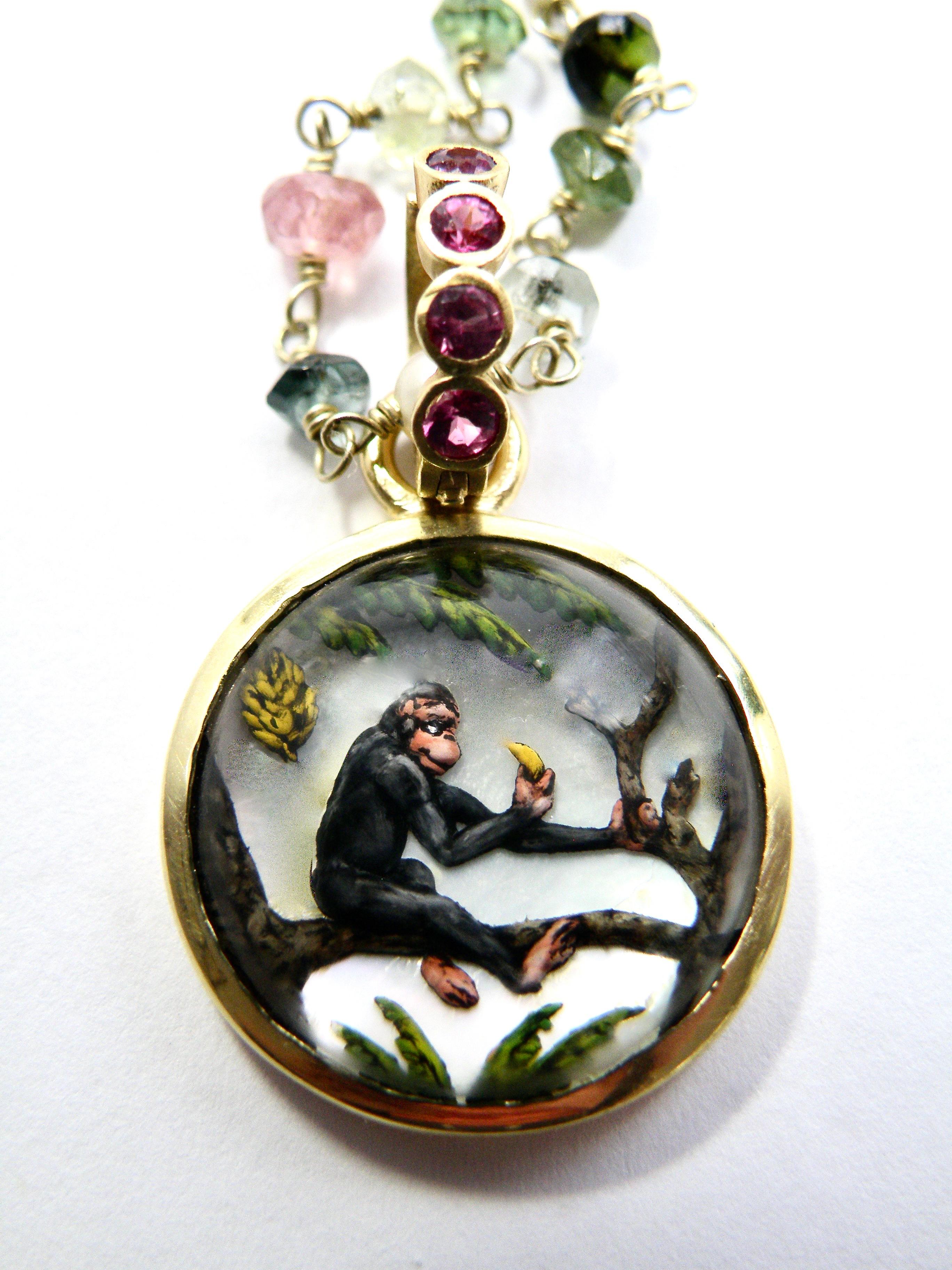 Contemporary 18k Monkey Reverse Crystal Pendant For Sale