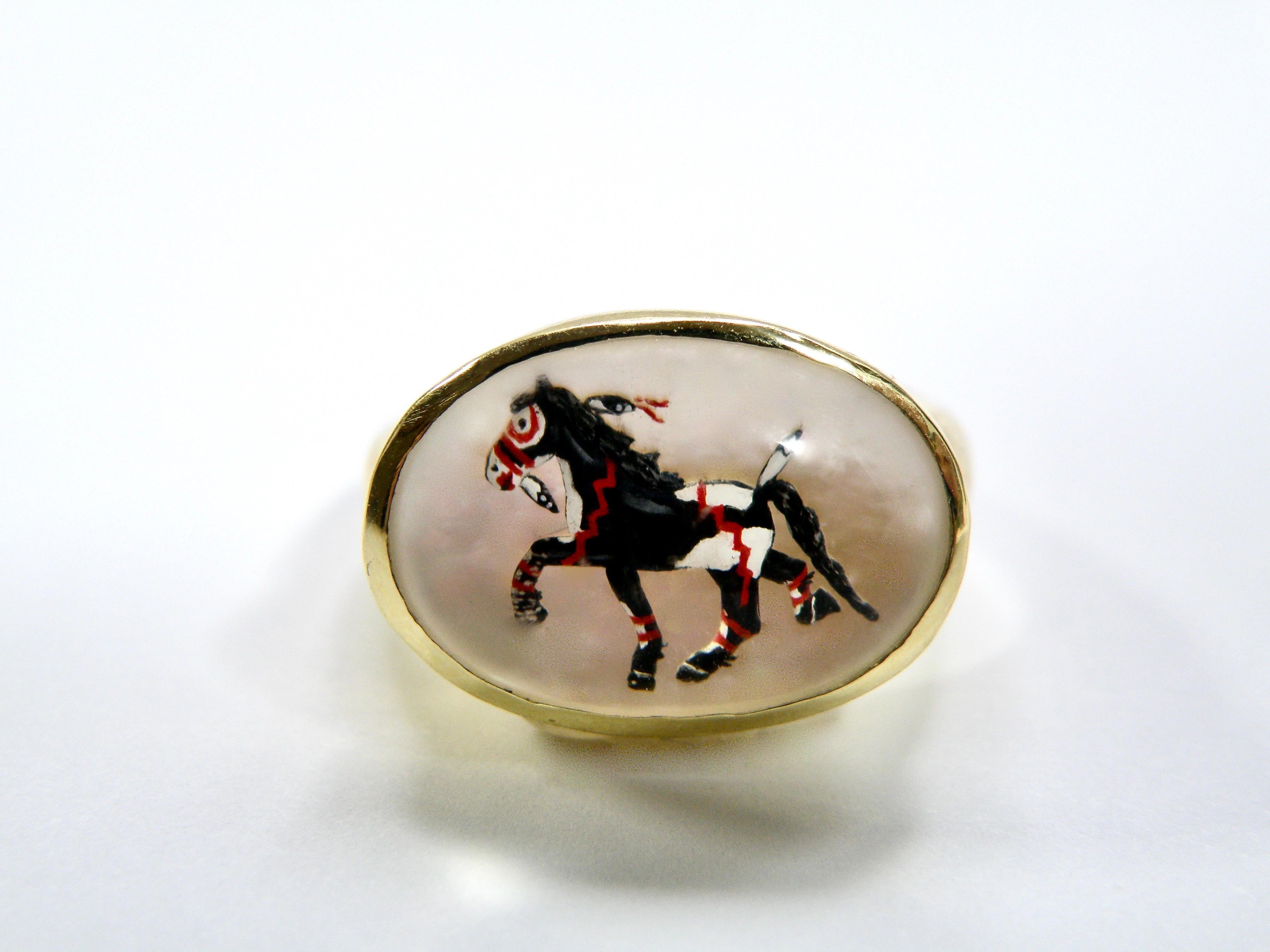 18K ledgand art lack and white paointed war horse ring reverse crystal on mother of pearl hand painted 