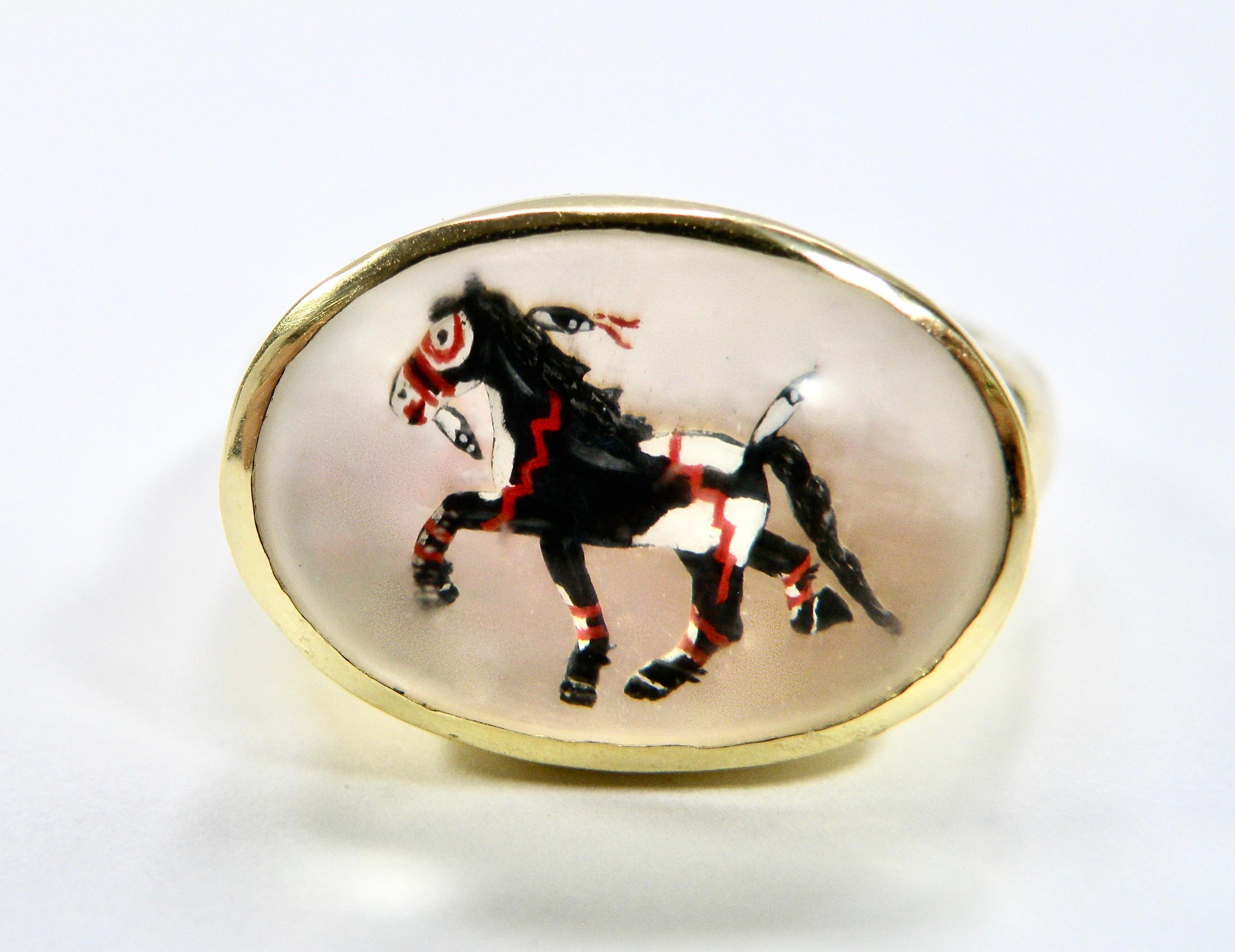 Contemporary 18K Mother of Pearl Black and White War Horse Reverse Crystal Ring For Sale