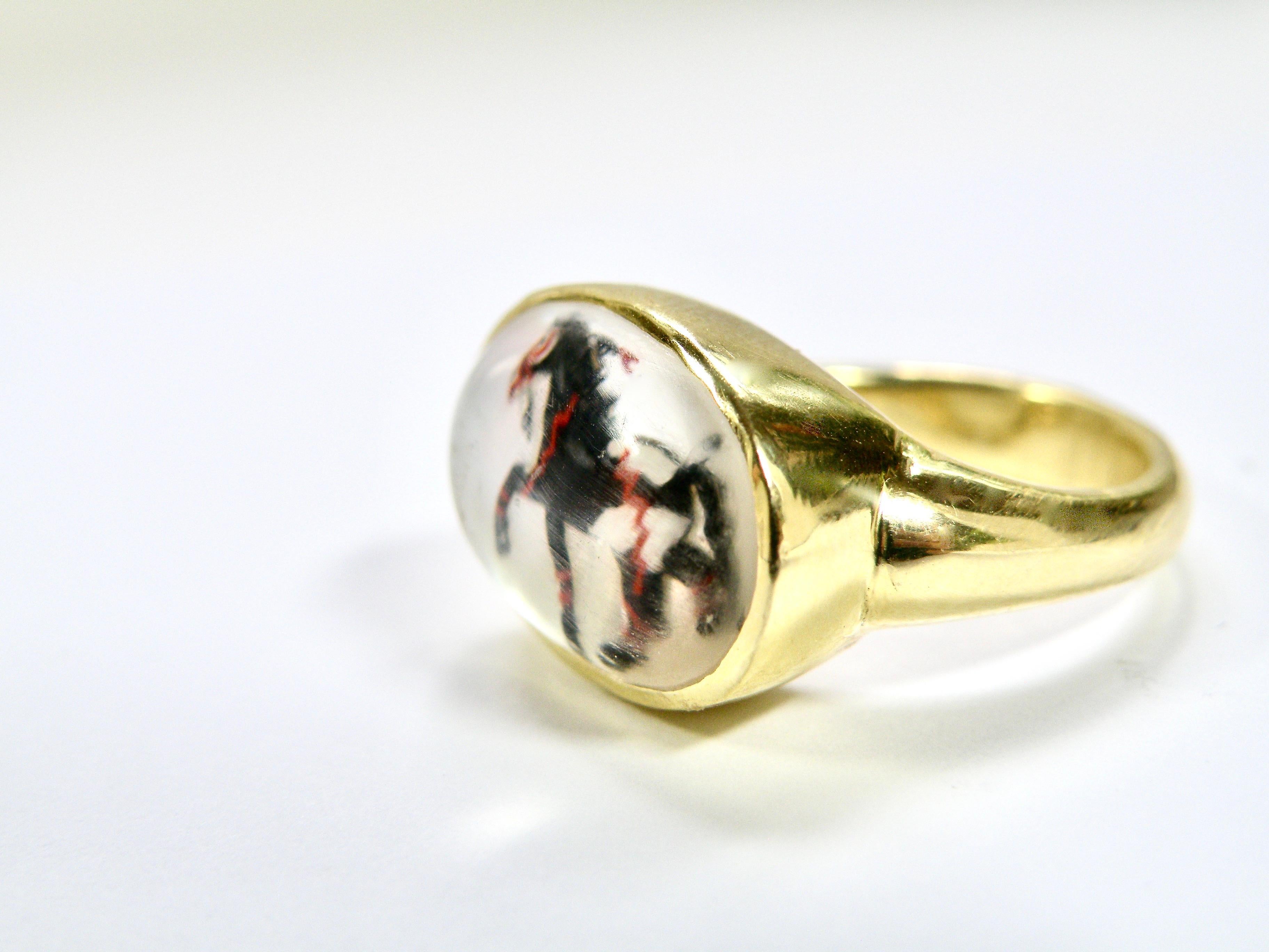 Cabochon 18K Mother of Pearl Black and White War Horse Reverse Crystal Ring For Sale