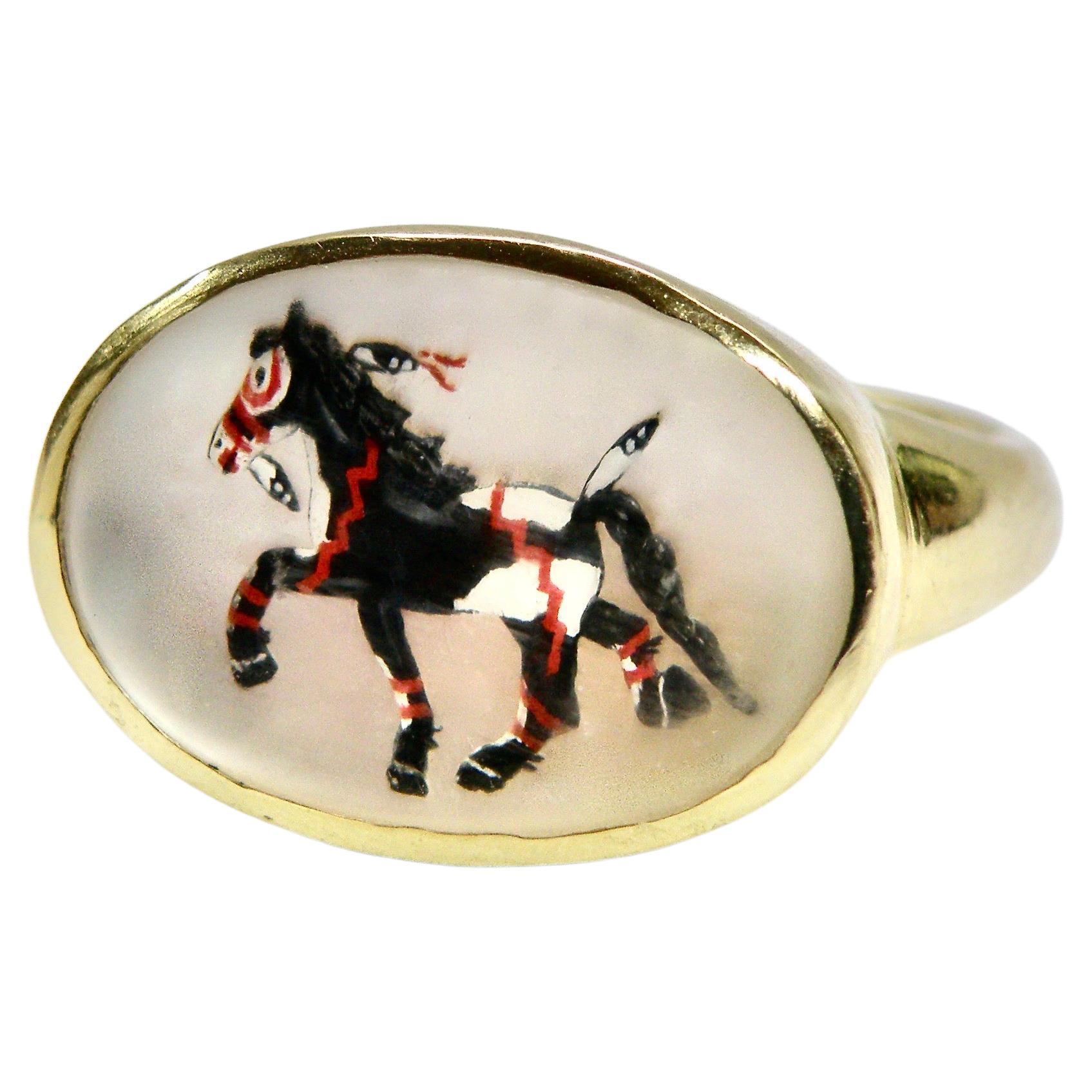 18K Mother of Pearl Black and White War Horse Reverse Crystal Ring For Sale